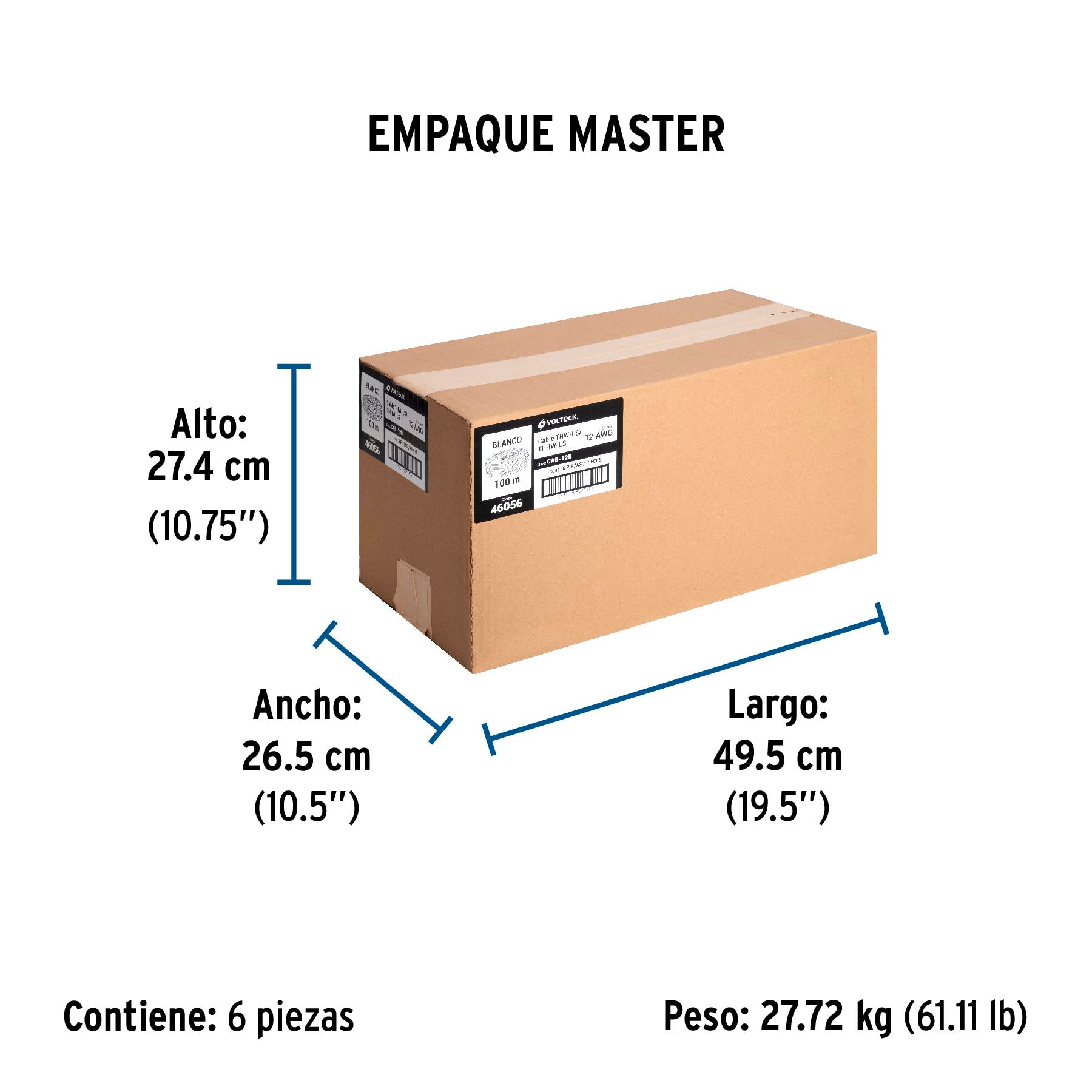 Rollo de 100 m de cable THHW-LS 12 AWG blanco, Volteck | CAB-12B | 46056