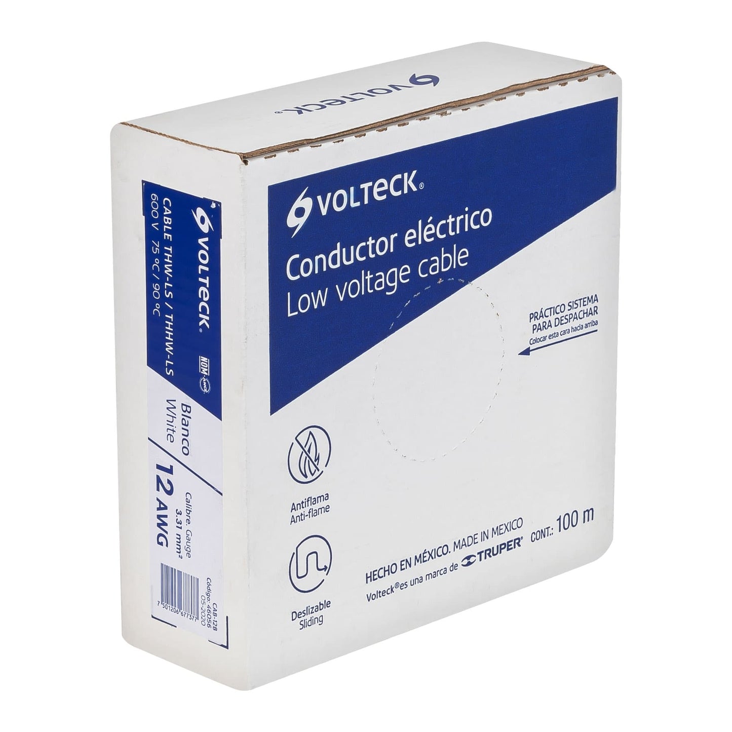 Rollo de 100 m de cable THHW-LS 12 AWG blanco, Volteck | CAB-12B | 46056