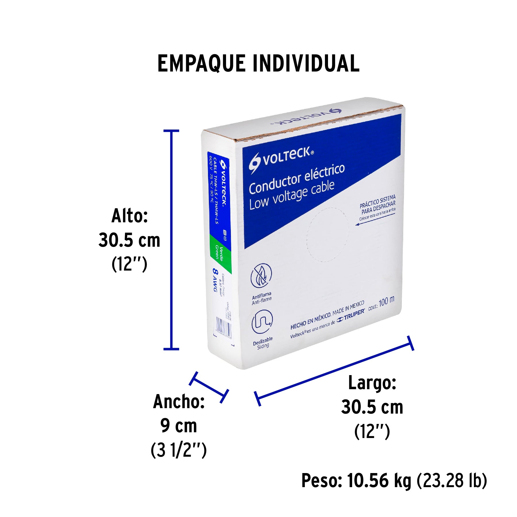 Rollo de 100 m de cable THHW-LS 8 AWG verde, Volteck | CAB-8V | 46062