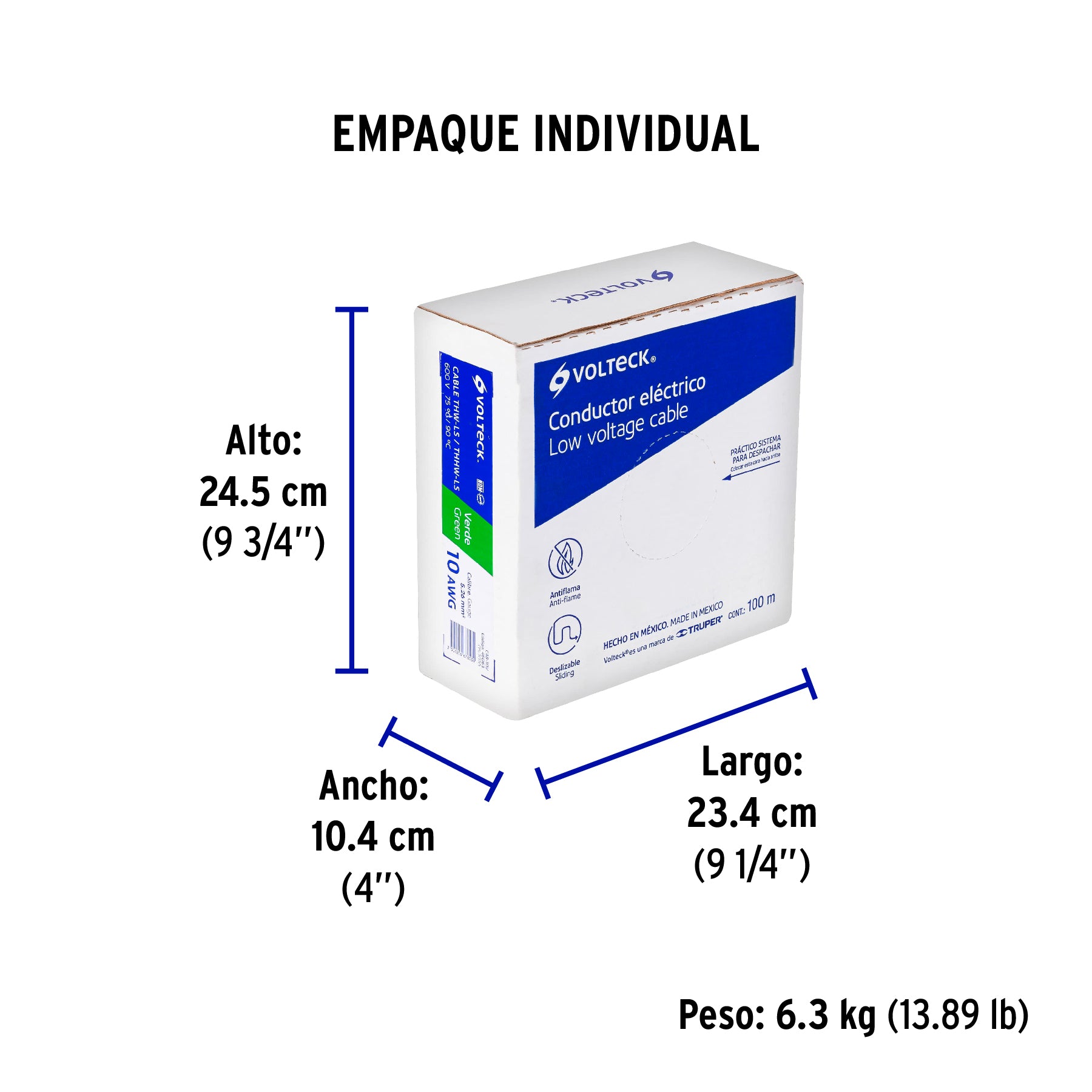 Rollo de 100 m de cable THHW-LS 10 AWG verde, Volteck | CAB-10V | 46063