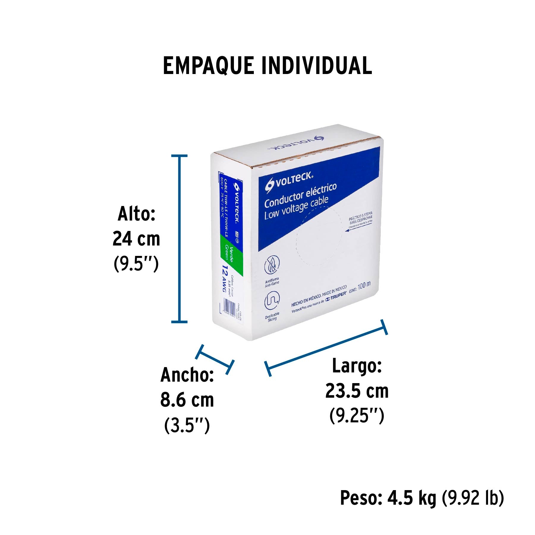 Rollo de 100 m de cable THHW-LS 12 AWG verde, Volteck | CAB-12V | 46064