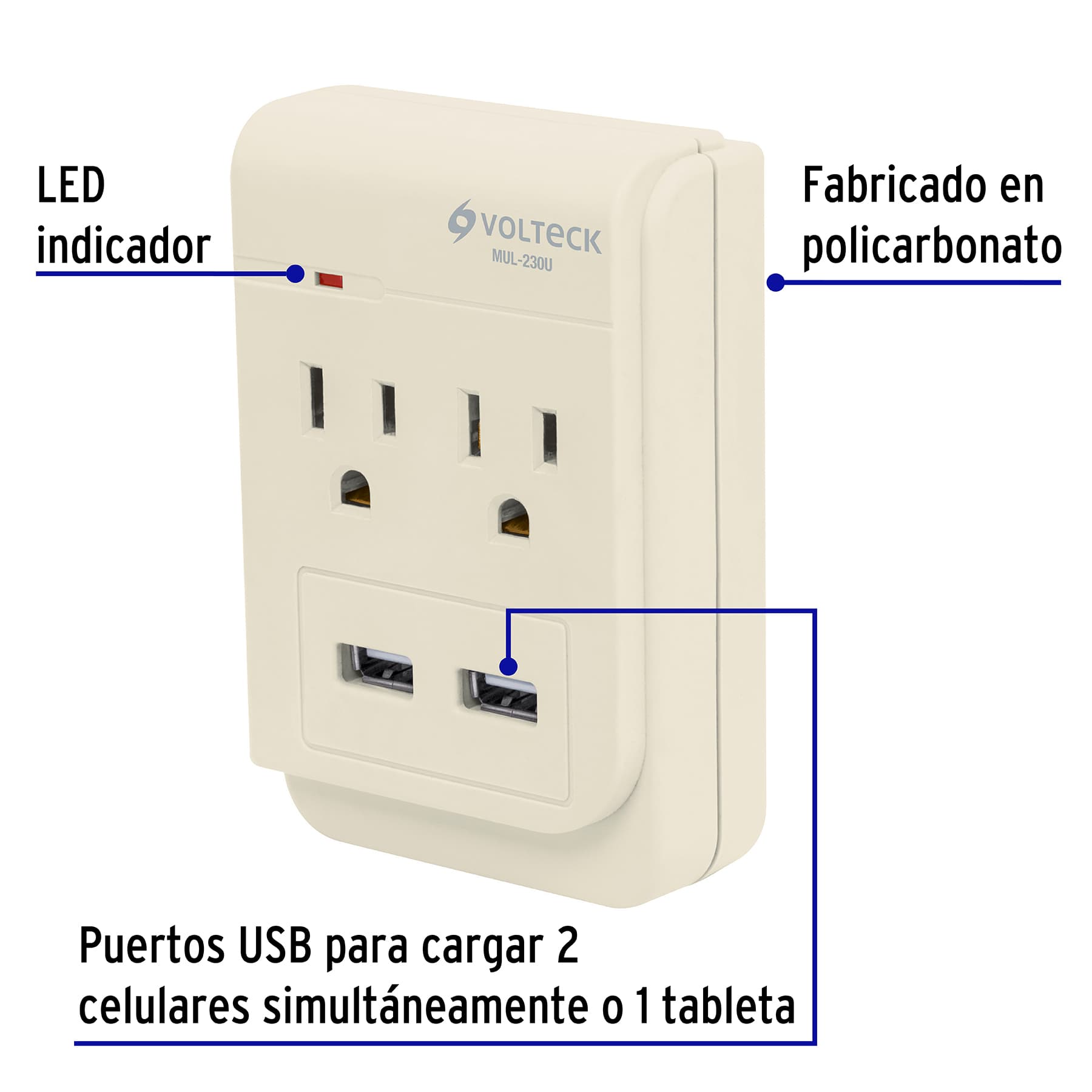 Multicontacto, 2 entradas,con 2 entradas USB, aterrizado | MUL-230U | 46088