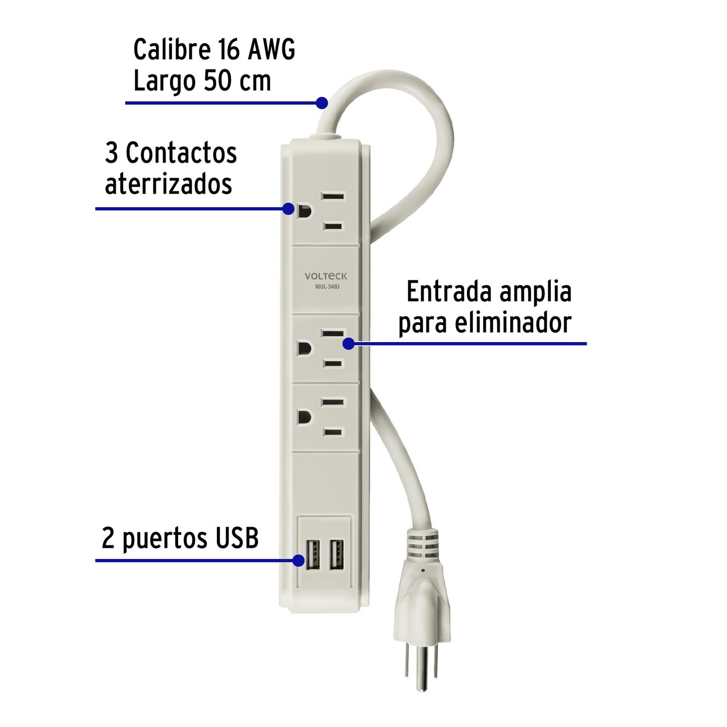 Multicontacto 16 AWG 3 entradas 2 puertos USB supresor 300 J | MUL-340U | 46089