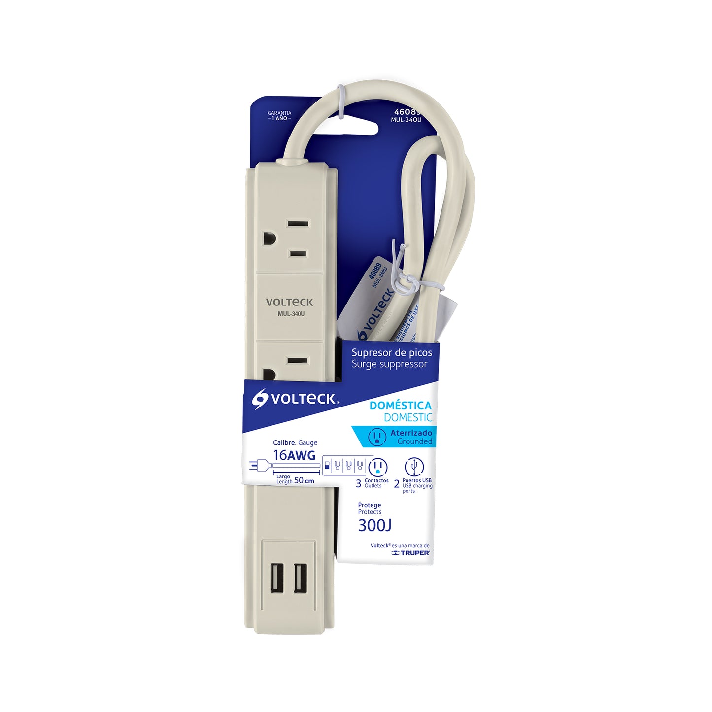 Multicontacto 16 AWG 3 entradas 2 puertos USB supresor 300 J | MUL-340U | 46089