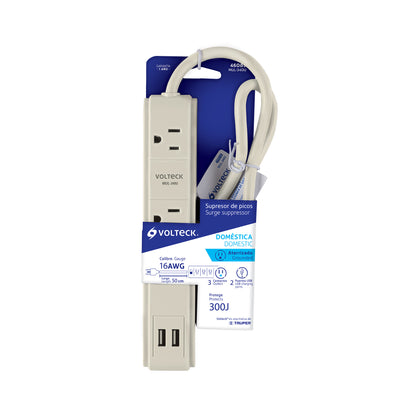 Multicontacto 16 AWG 3 entradas 2 puertos USB supresor 300 J | MUL-340U | 46089