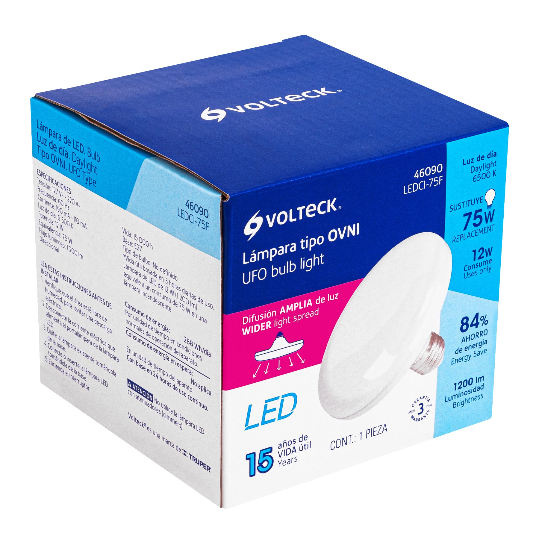 Lámpara LED tipo OVNI 12 W (equiv. 75 W), luz de día, caja | LEDCI-75F | 46090