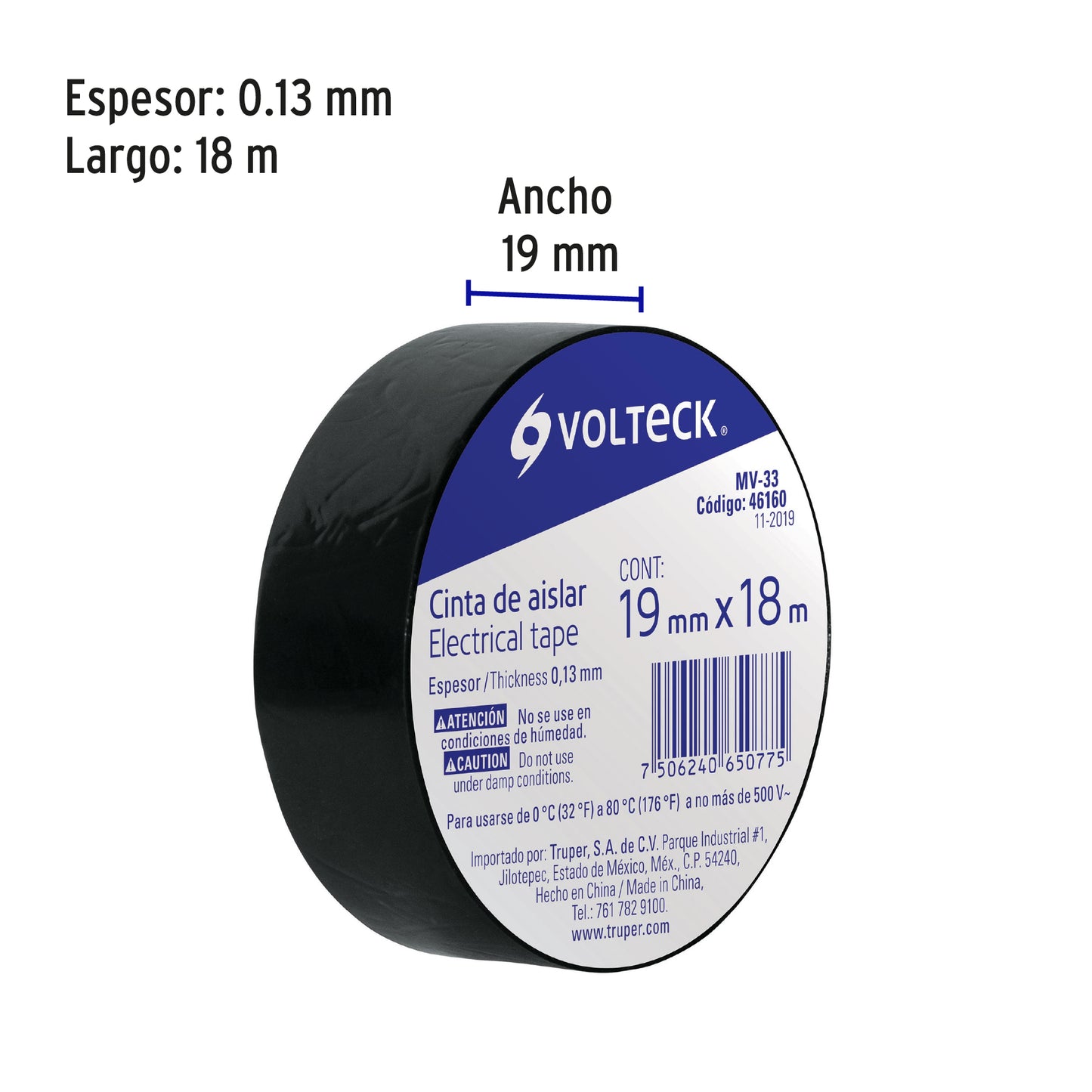 Cinta de aislar de 18 m x 19 mm, negra, Volteck | MV-33 | 46160