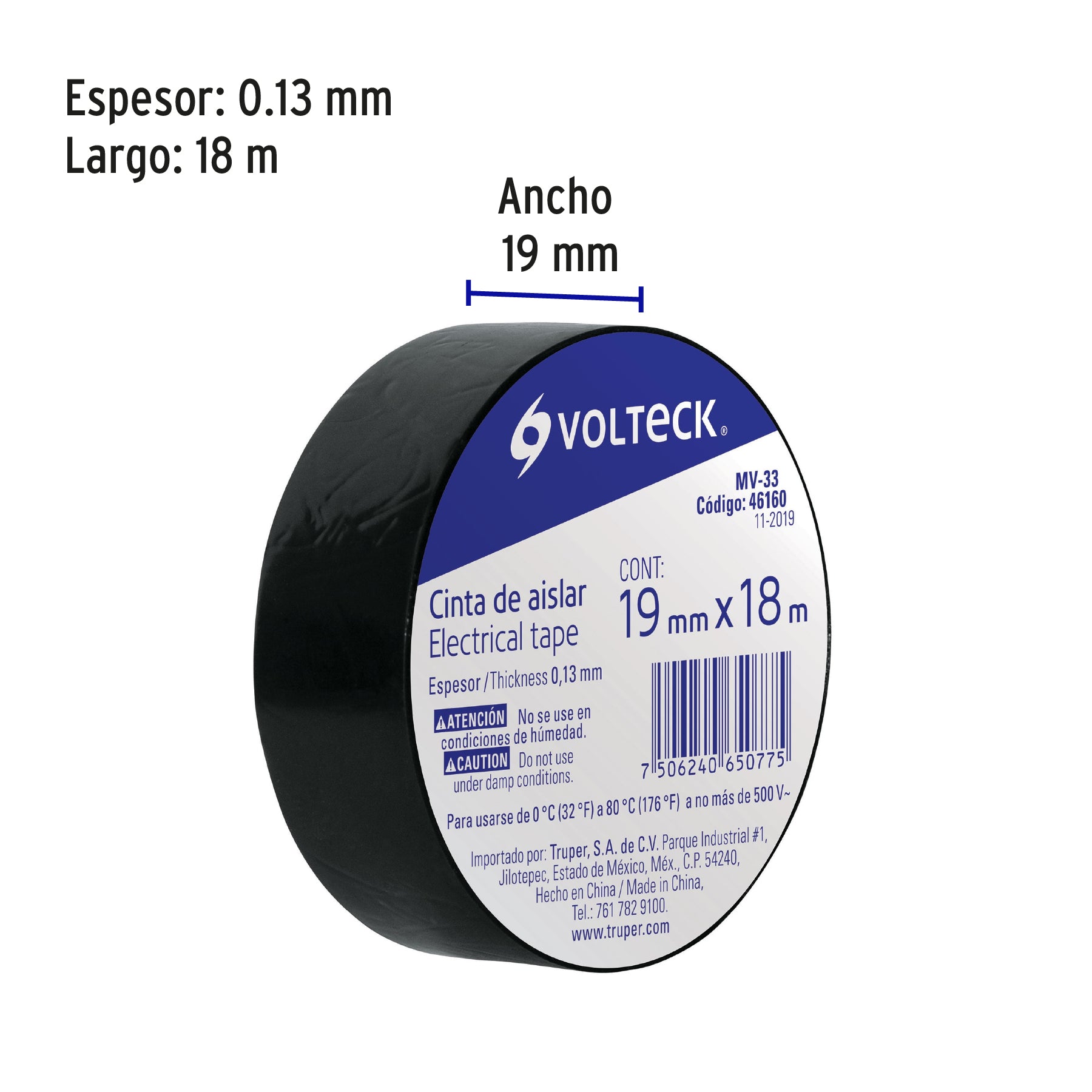 Cinta de aislar de 18 m x 19 mm, negra, Volteck | MV-33 | 46160