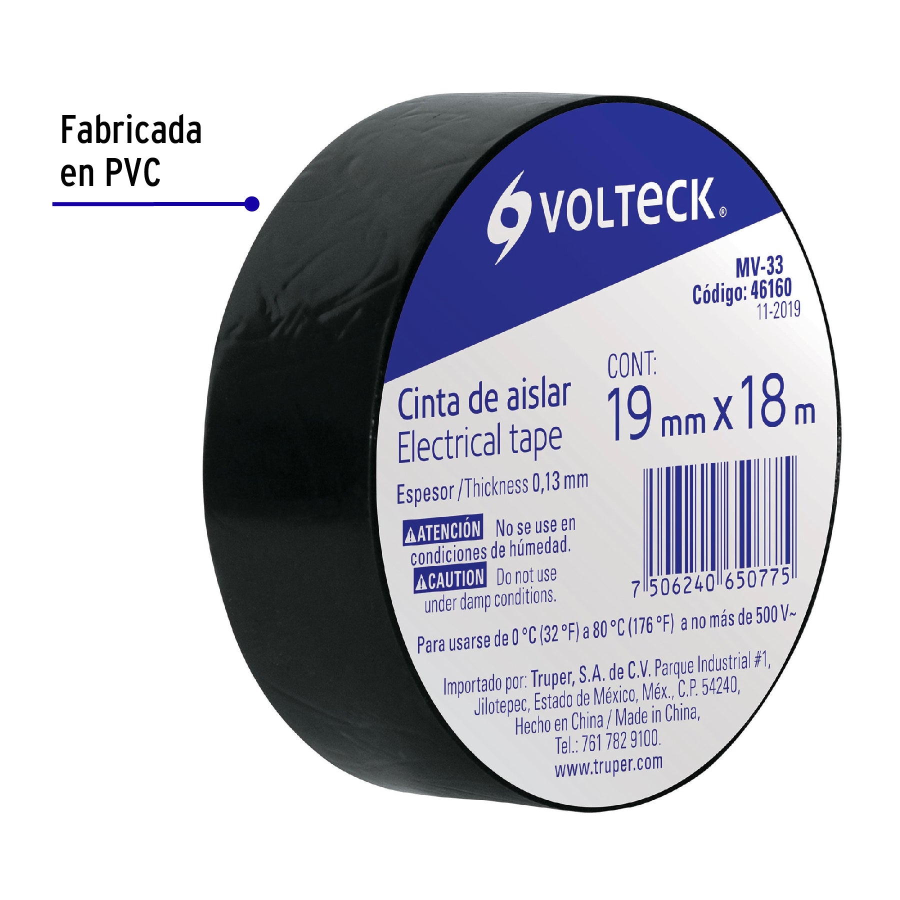 Cinta de aislar de 18 m x 19 mm, negra, Volteck | MV-33 | 46160