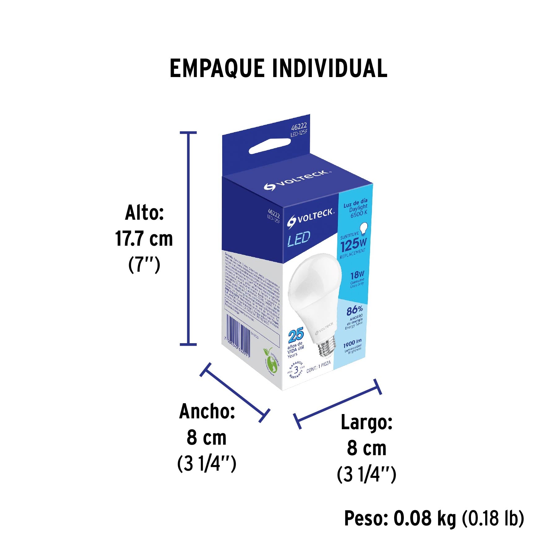 Lámpara LED A25 18 W (equiv. 125 W) luz de día, caja Volteck | LED-125F | 46222