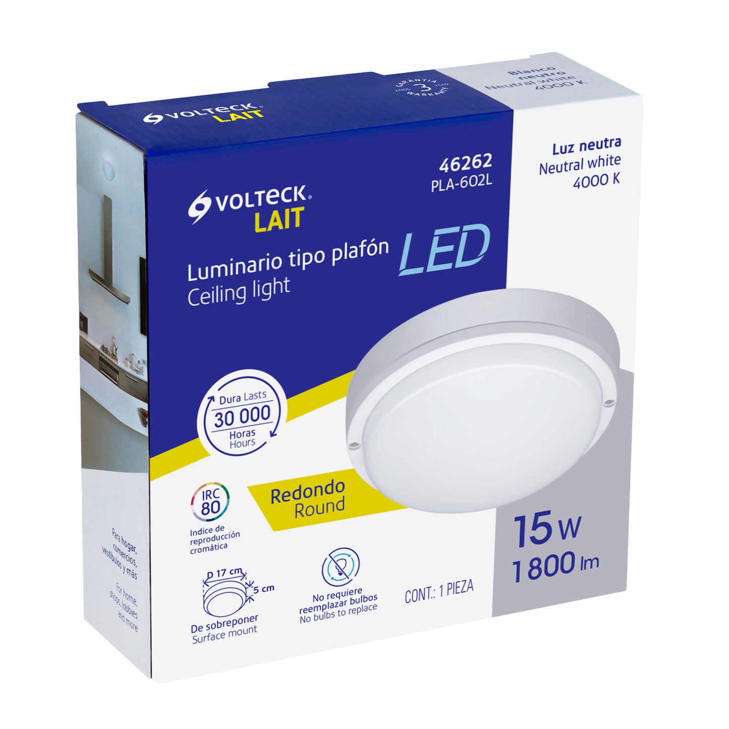 Luminario LED plafón para baño 15W 4000K, redondo, VOLTECK | PLA-602L | 46262