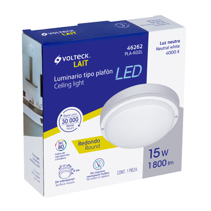 Luminario LED plafón para baño 15W 4000K, redondo, VOLTECK | PLA-602L | 46262