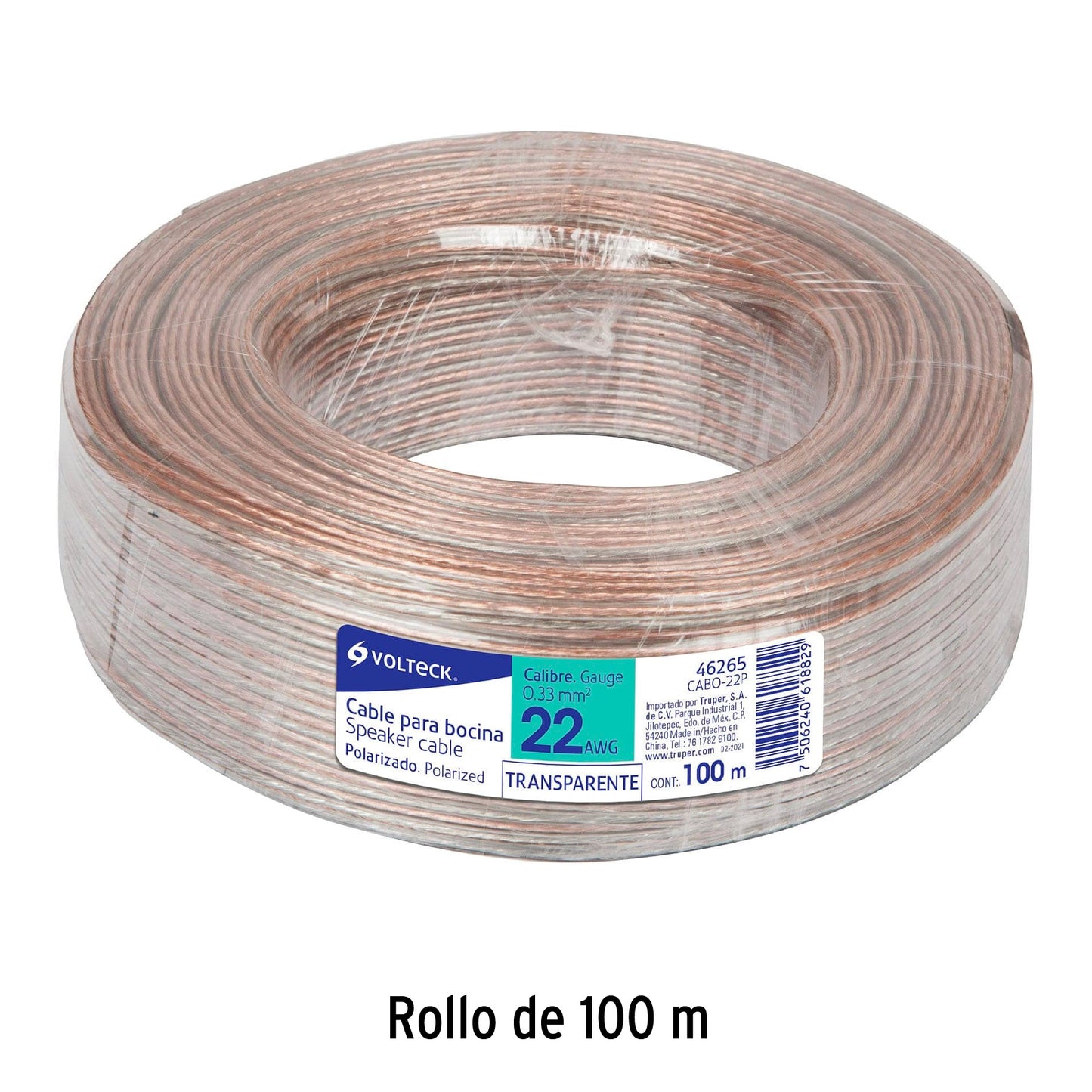Rollo de 100 m cable polarizado transparente p/bocina 22 AWG | CABO-22P | 46265