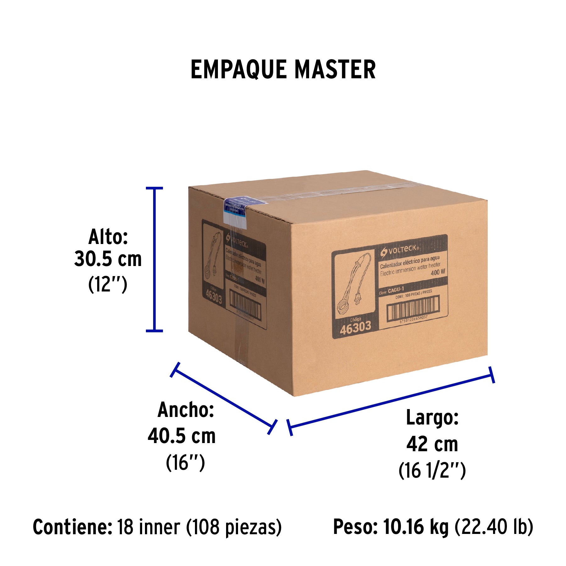 Calentador de inmersión p/agua #1 de 8 L, 400 W, Volteck | CAGU-1 | 46303