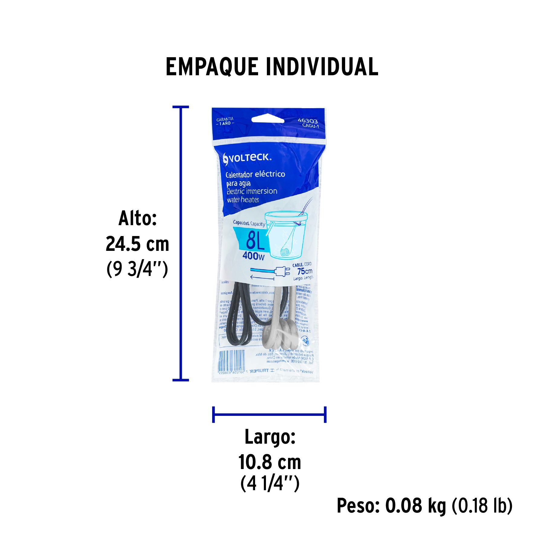 Calentador de inmersión p/agua #1 de 8 L, 400 W, Volteck | CAGU-1 | 46303