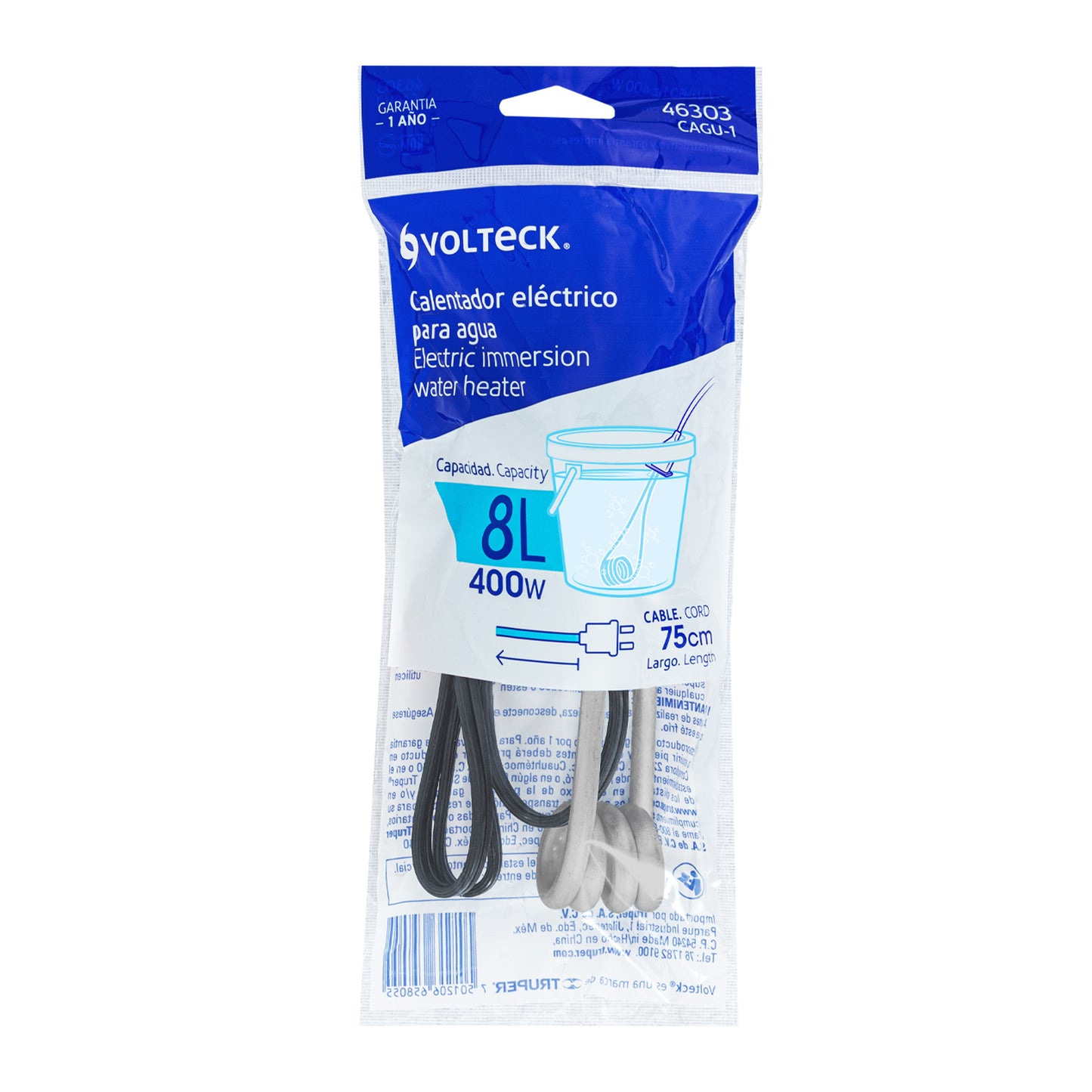 Calentador de inmersión p/agua #1 de 8 L, 400 W, Volteck | CAGU-1 | 46303
