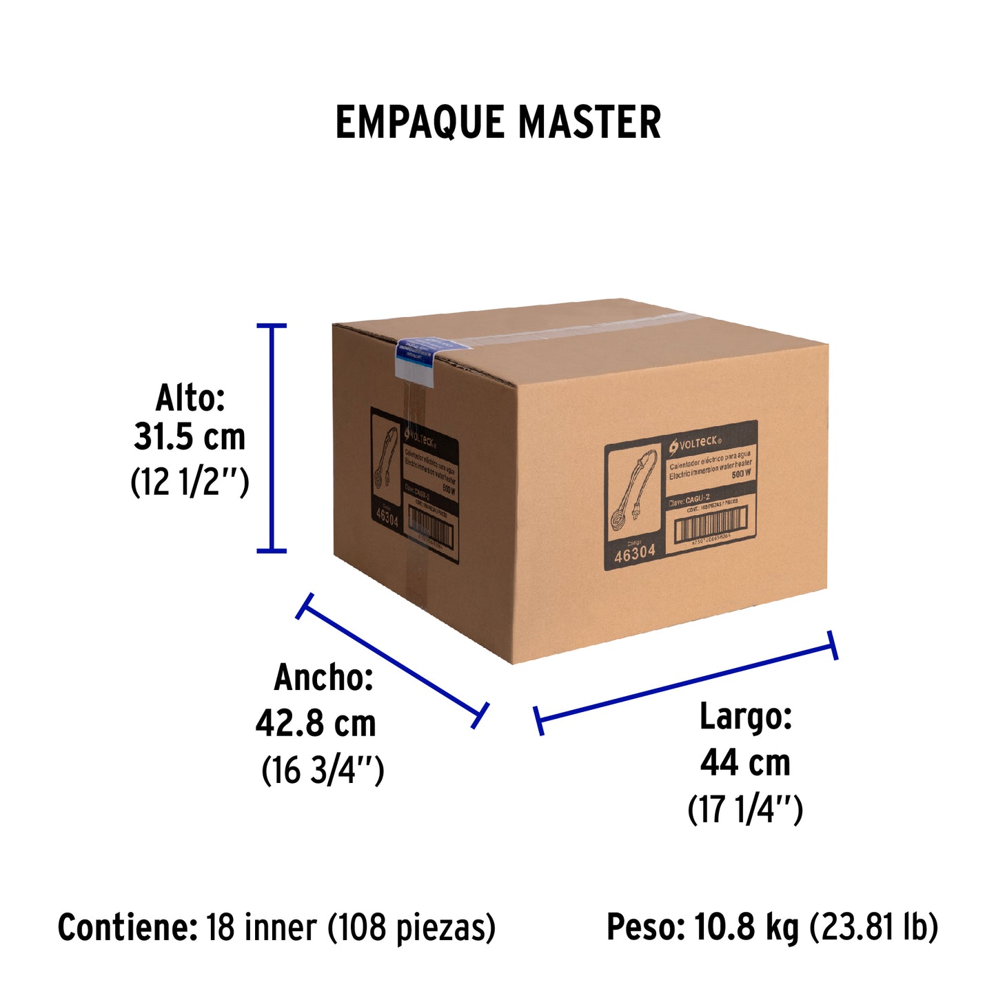 Calentador de inmersión p/agua #2 de 10 L, 500 W, Volteck | CAGU-2 | 46304