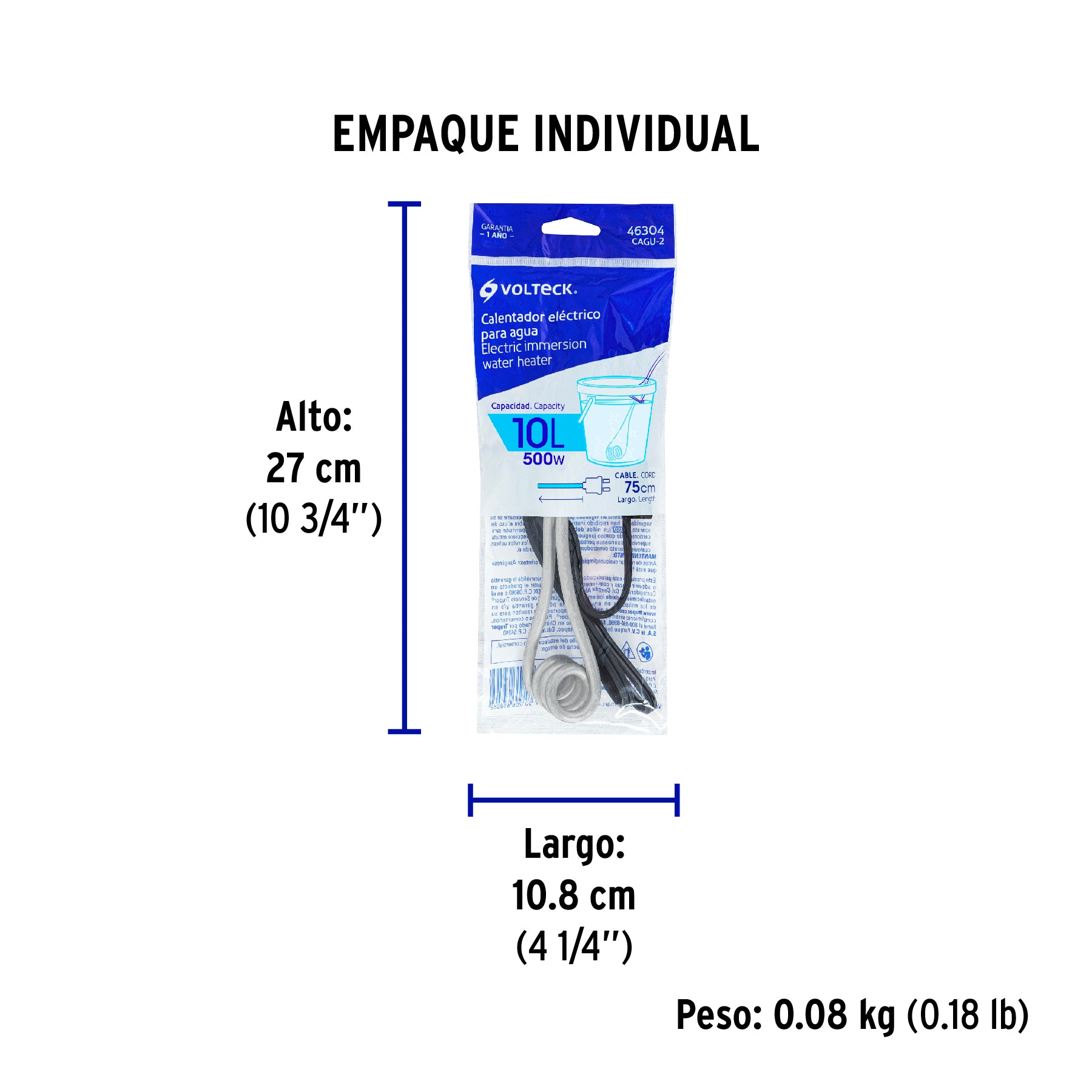 Calentador de inmersión p/agua #2 de 10 L, 500 W, Volteck | CAGU-2 | 46304