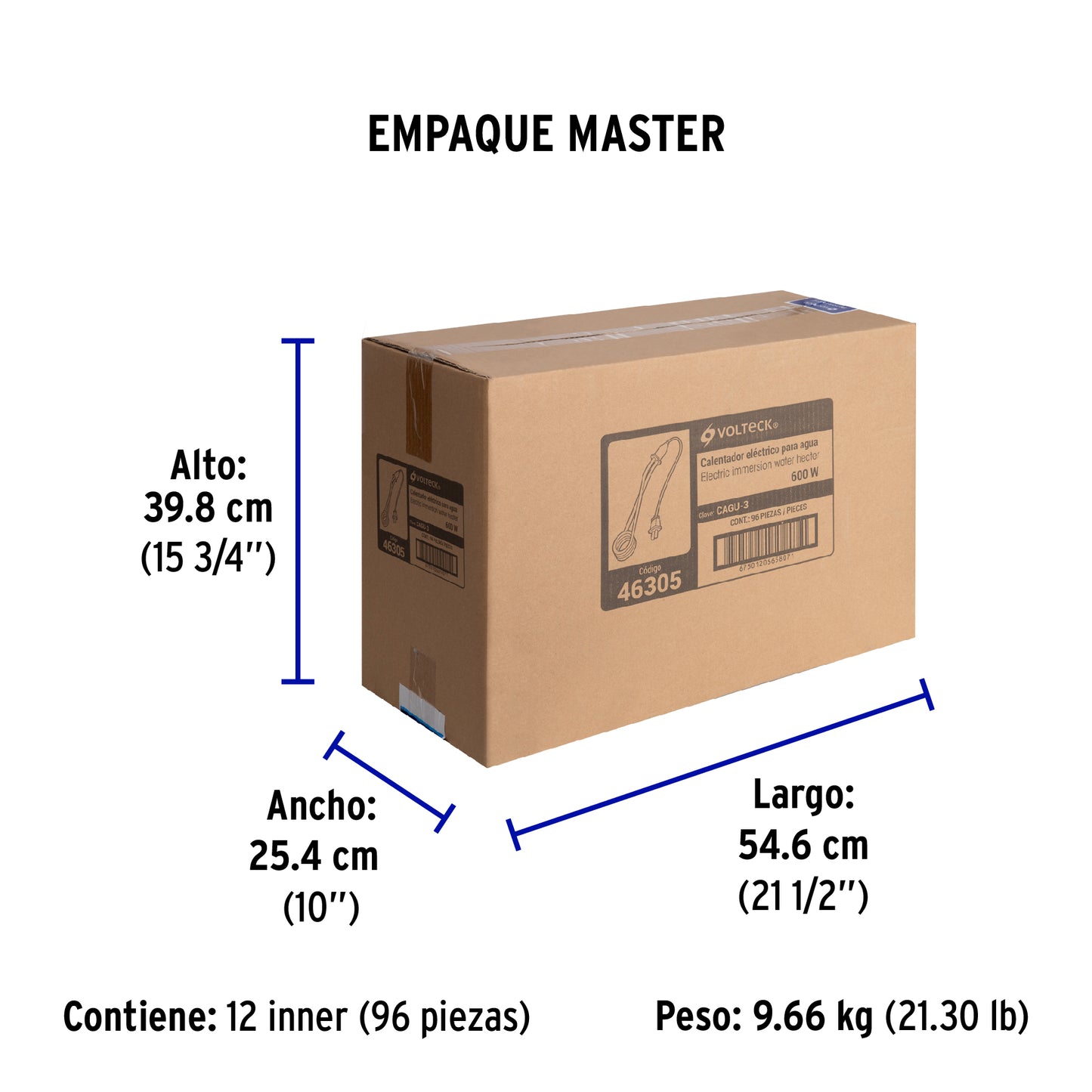 Calentador de inmersión p/agua #3 de 12 L, 600 W, Volteck | CAGU-3 | 46305