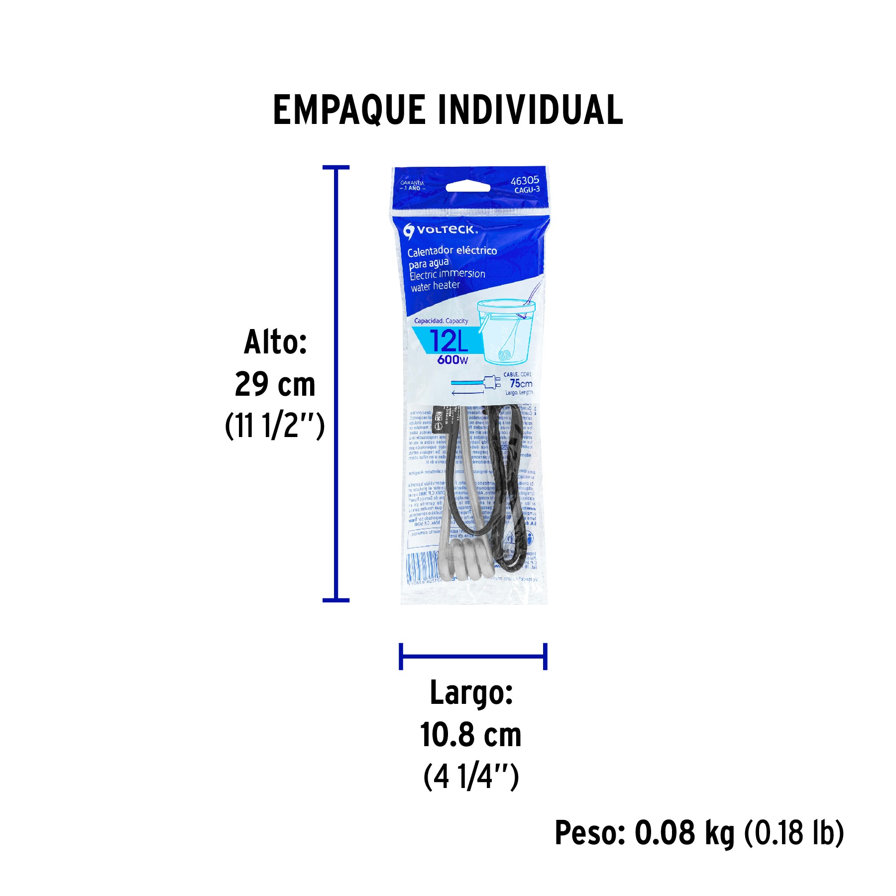 Calentador de inmersión p/agua #3 de 12 L, 600 W, Volteck | CAGU-3 | 46305