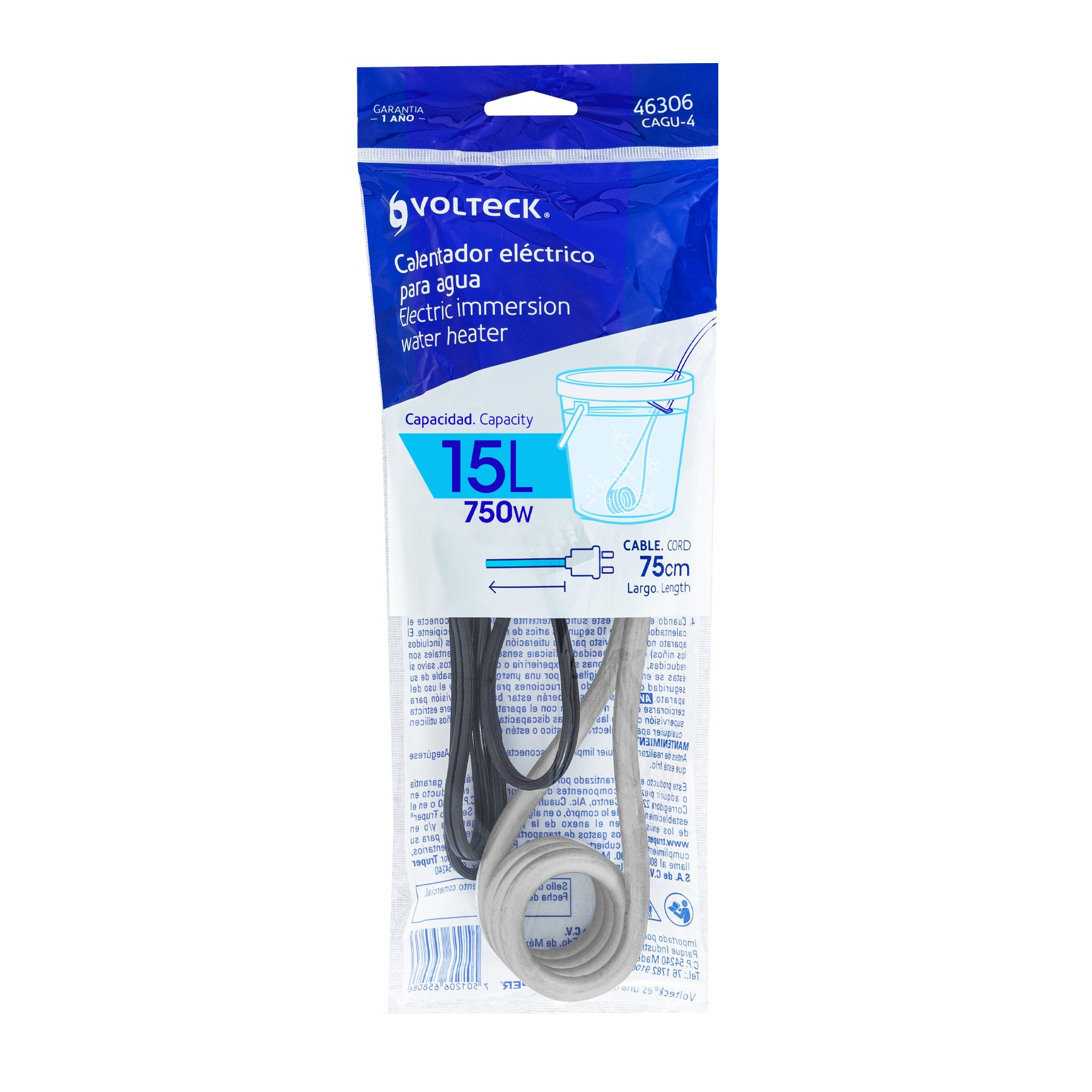 Calentador de inmersión p/agua #4 de 15 L, 750 W, Volteck | CAGU-4 | 46306