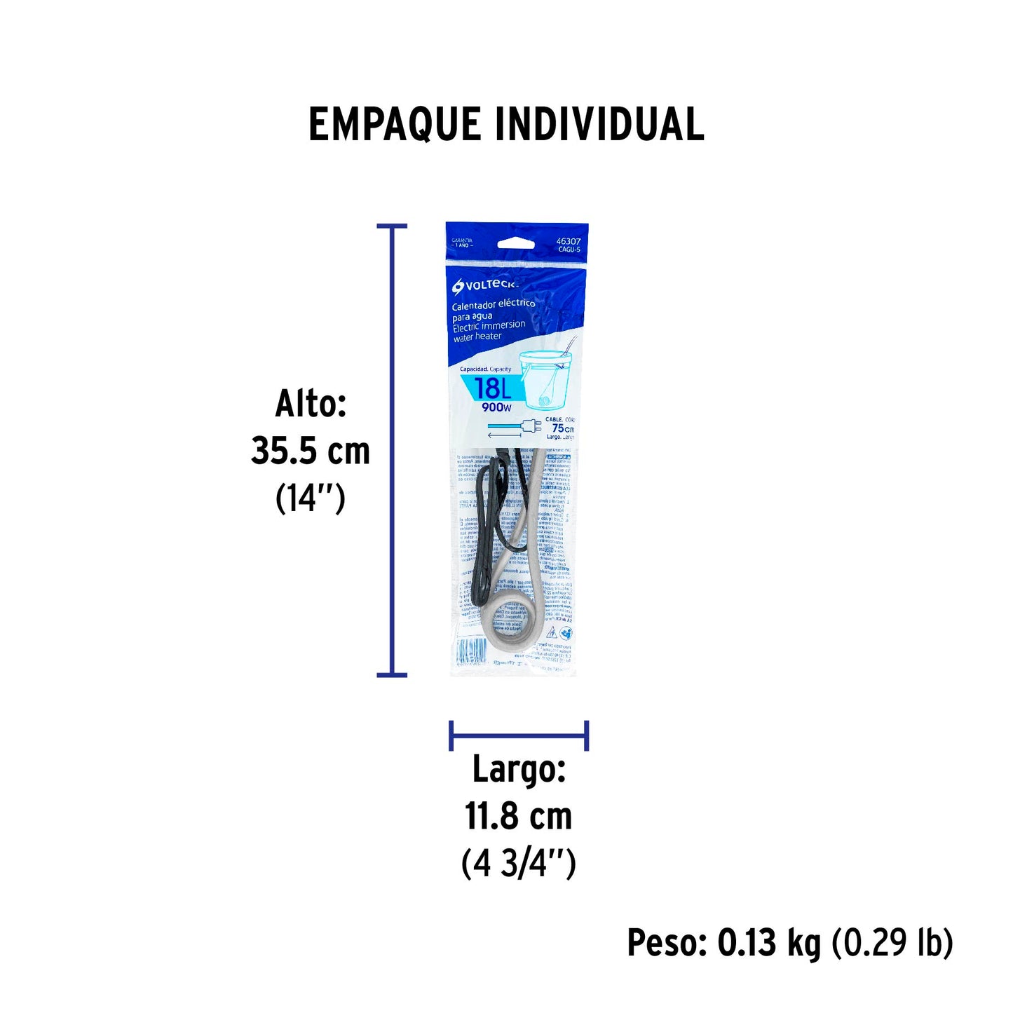 Calentador de inmersión p/agua #5 de 18 L, 900 W, Volteck | CAGU-5 | 46307