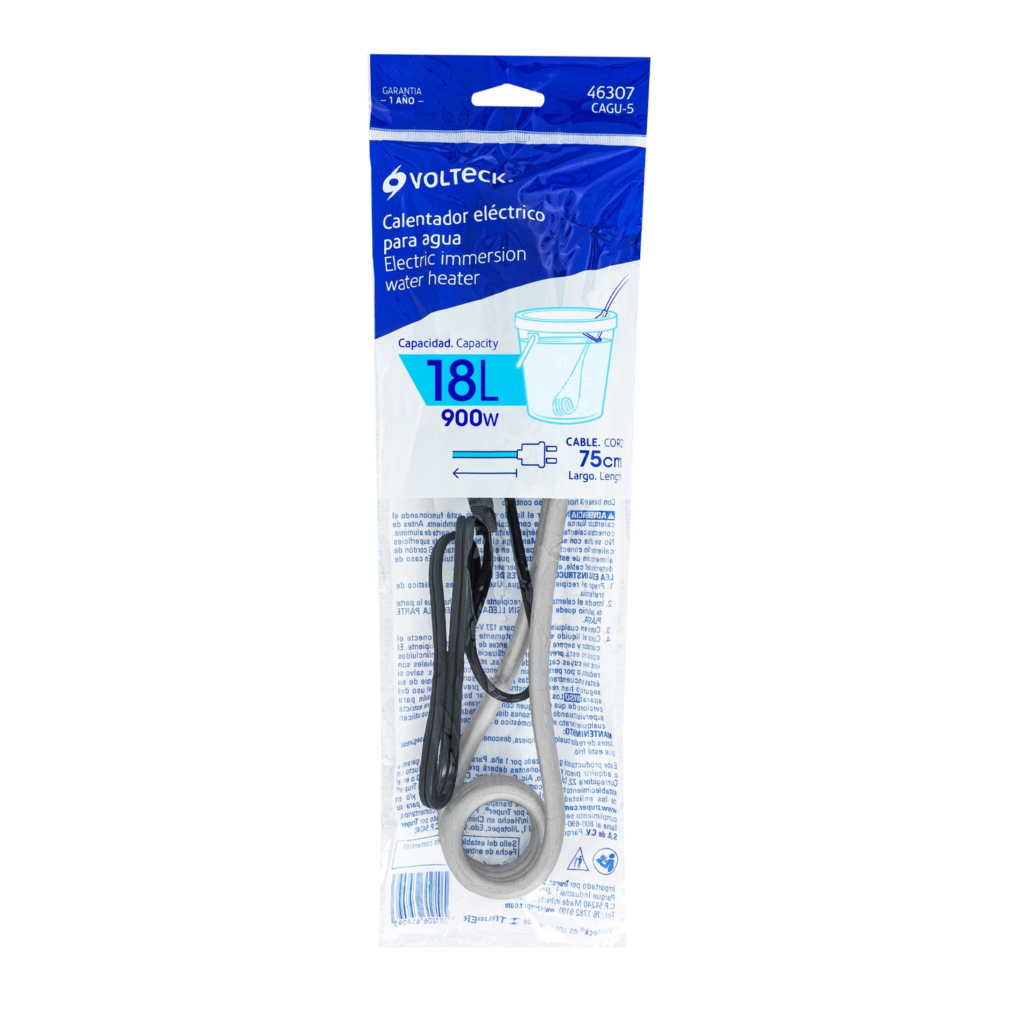 Calentador de inmersión p/agua #5 de 18 L, 900 W, Volteck | CAGU-5 | 46307