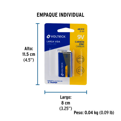 Blíster con 1 pila zinc-carbón 9 V, VOLTECK | ZI-9V | 46312