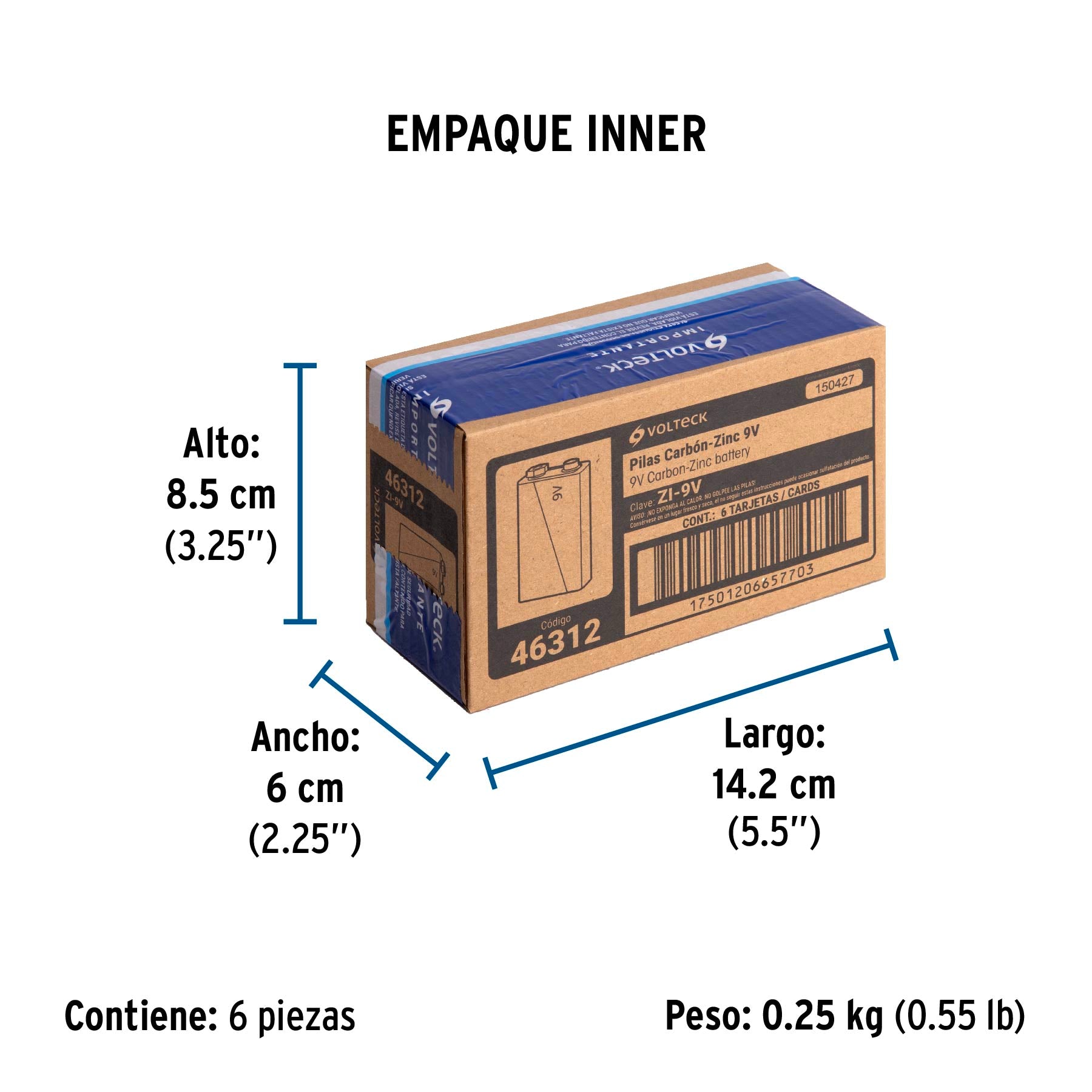 Blíster con 1 pila zinc-carbón 9 V, VOLTECK | ZI-9V | 46312