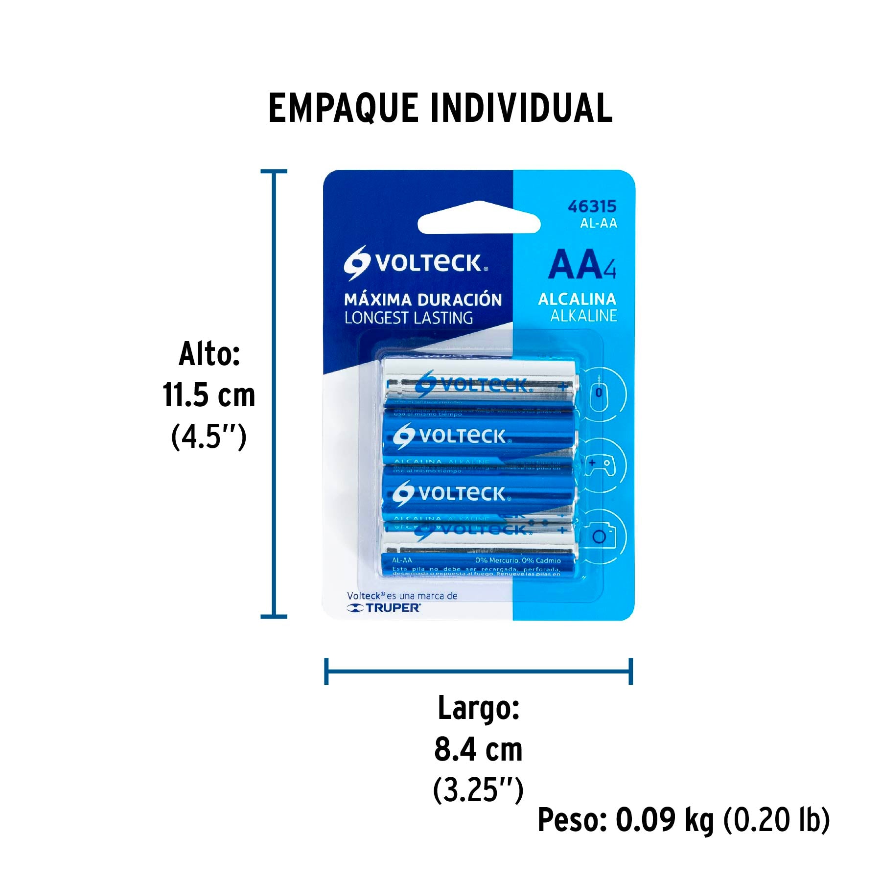 Blíster con 4 pilas alcalinas AA, VOLTECK | AL-AA | 46315