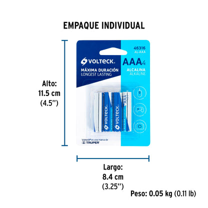 Blíster con 4 pilas alcalinas AAA, VOLTECK | AL-AAA | 46316