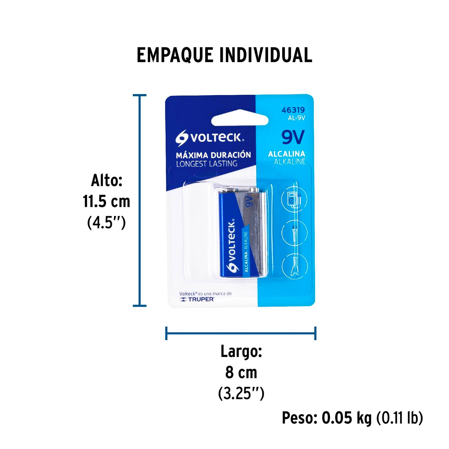 Blíster con 1 pila alcalina 9V, VOLTECK | AL-9V | 46319
