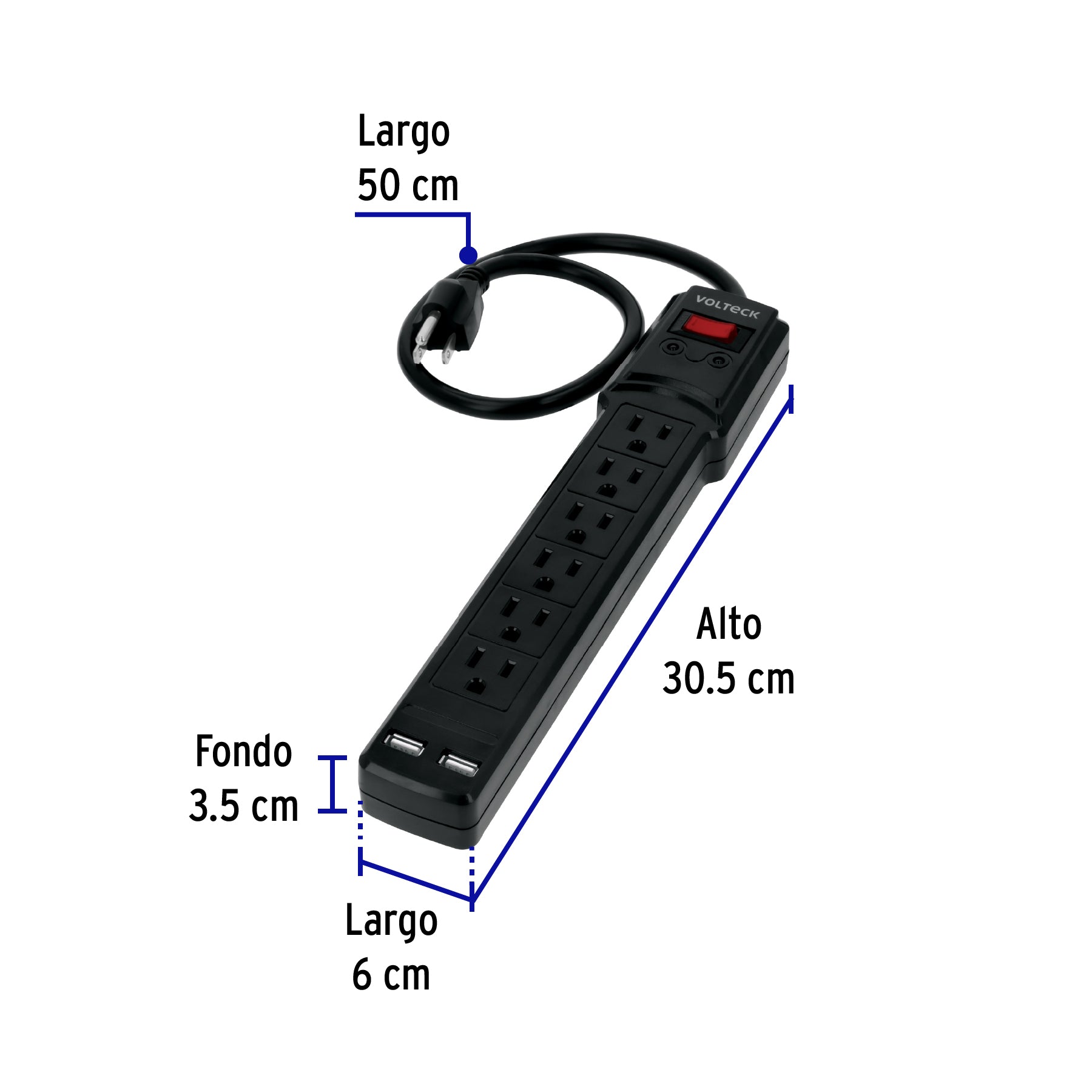Multicontacto 14 AWG 6 entradas 2 ptos. USB sup. 150J, negro | MUL-615UN | 46328