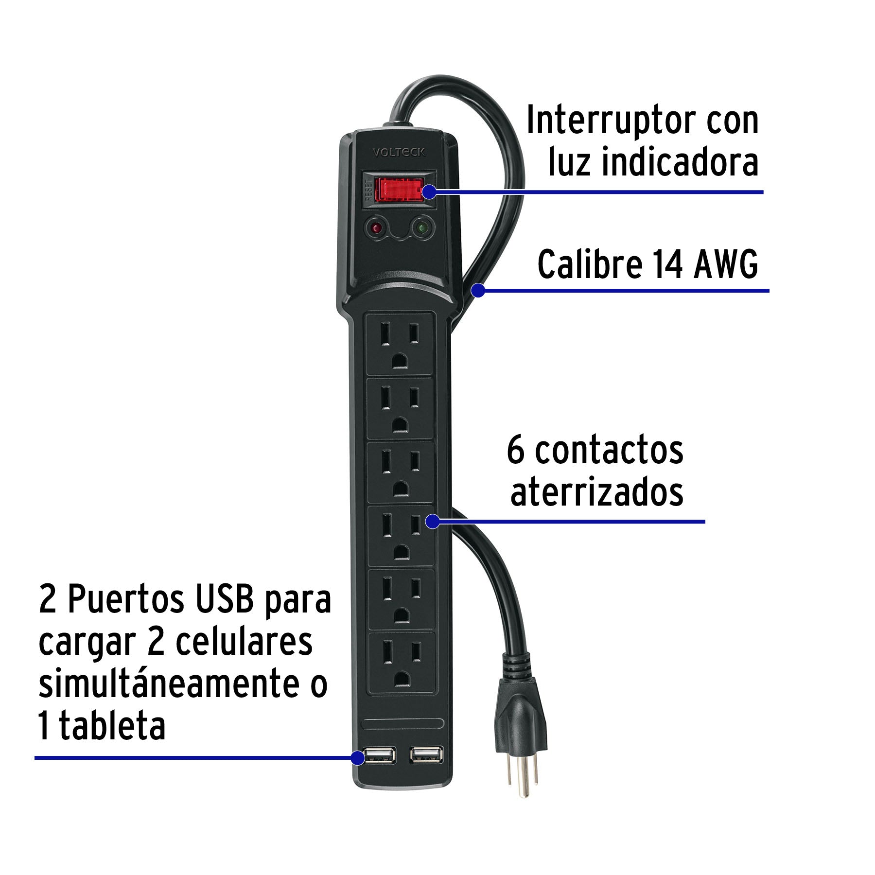 Multicontacto 14 AWG 6 entradas 2 ptos. USB sup. 150J, negro | MUL-615UN | 46328