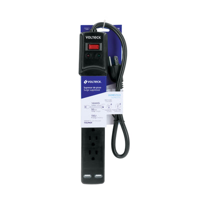 Multicontacto 14 AWG 6 entradas 2 ptos. USB sup. 150J, negro | MUL-615UN | 46328