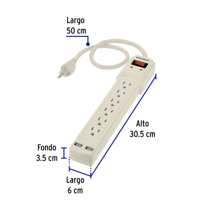 Multicontacto 14 AWG 6 entradas 2 ptos. USB sup. 150J marfil | MUL-615U | 46329