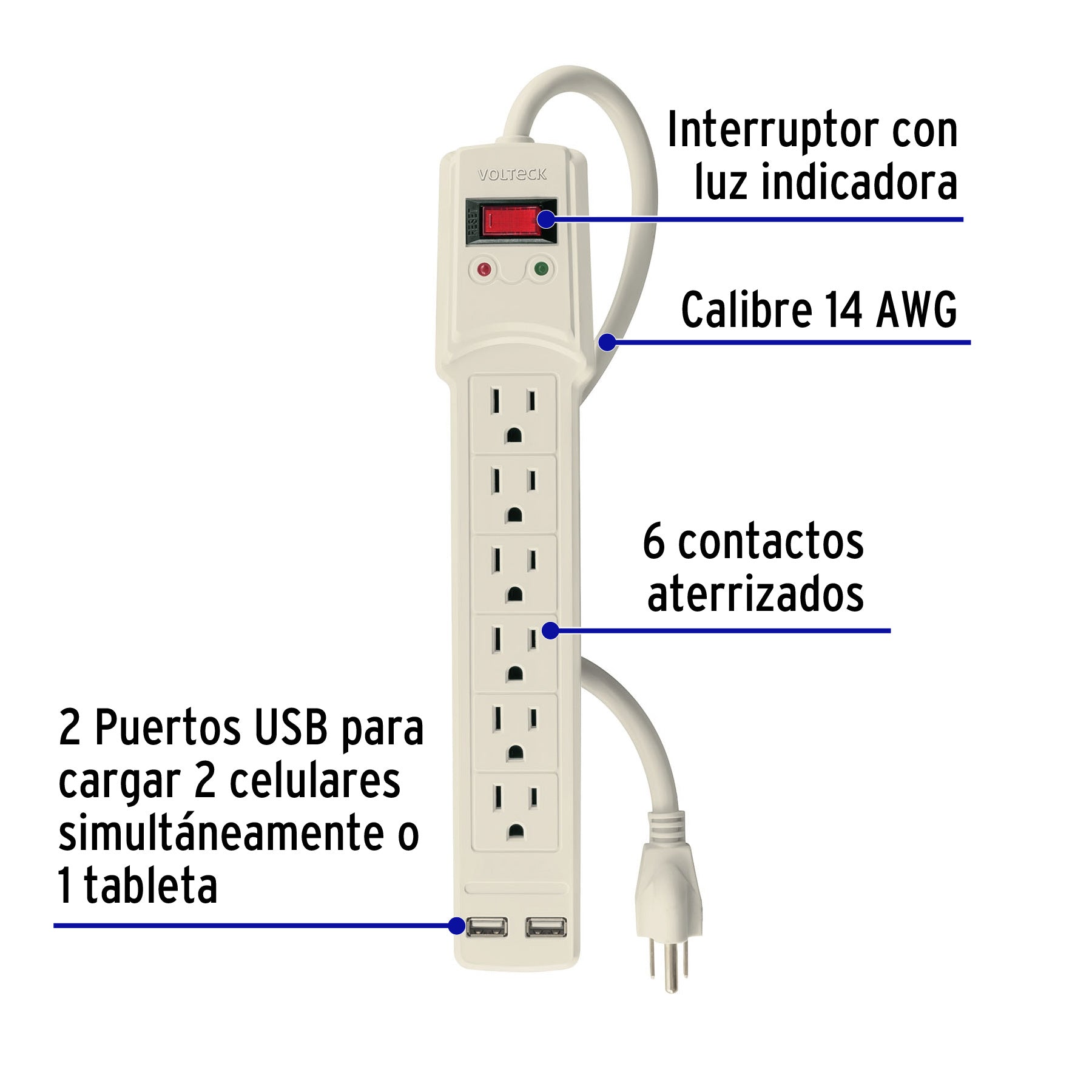 Multicontacto 14 AWG 6 entradas 2 ptos. USB sup. 150J marfil | MUL-615U | 46329