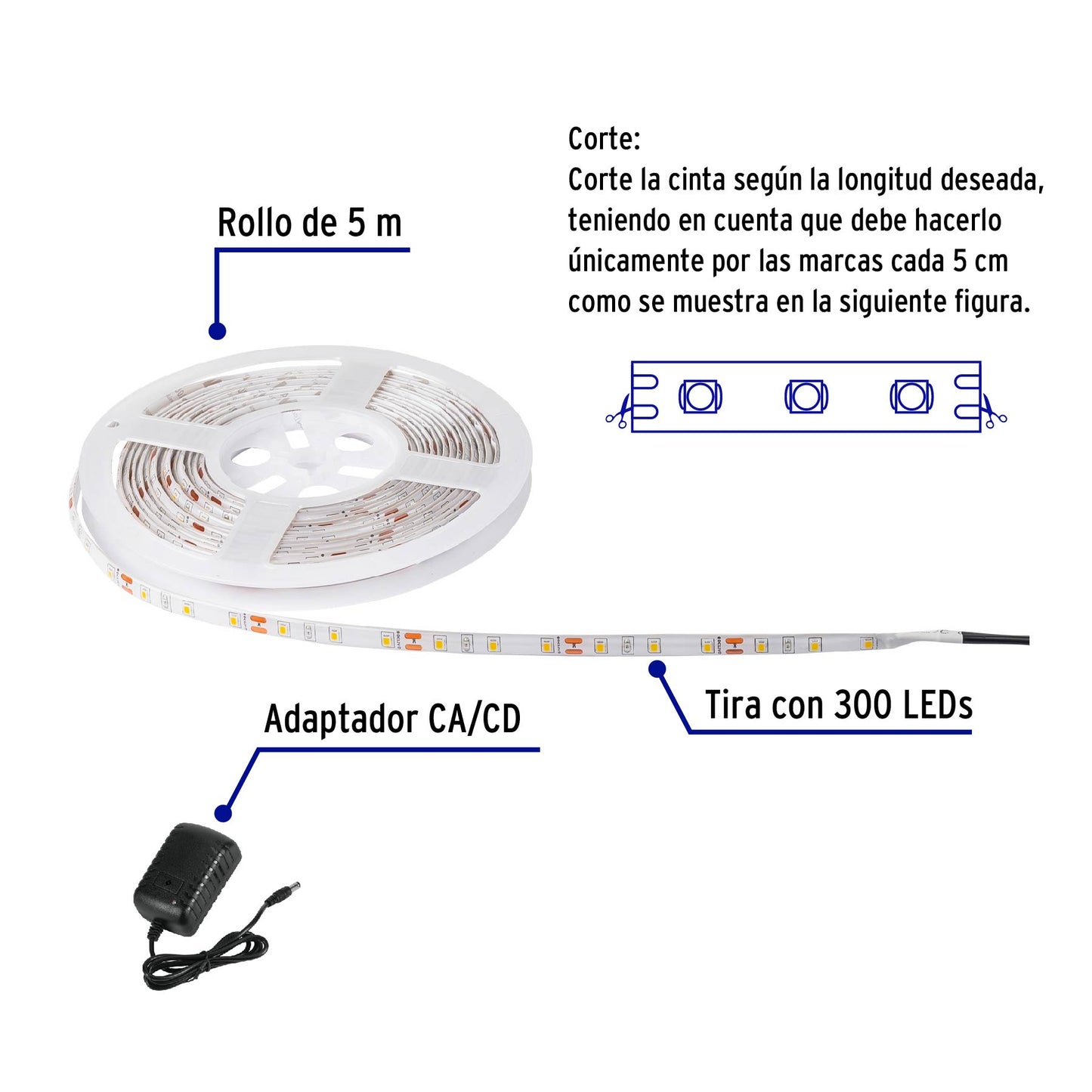 Tira de LED de 5 m 18 W para interior y exterior luz de día | TIR-001L | 46368