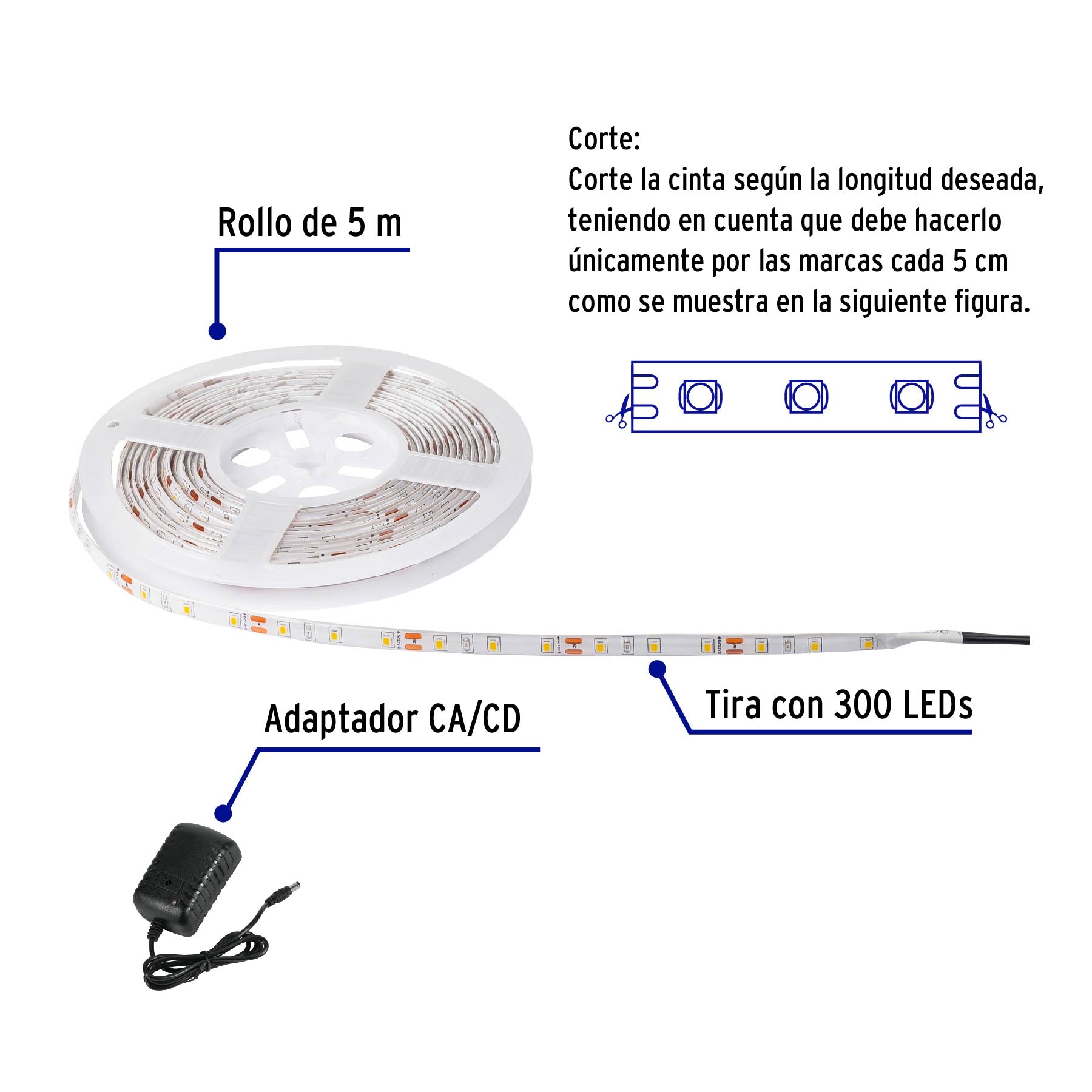 Tira de LED de 5 m 18 W para interior y exterior luz de día | TIR-001L | 46368
