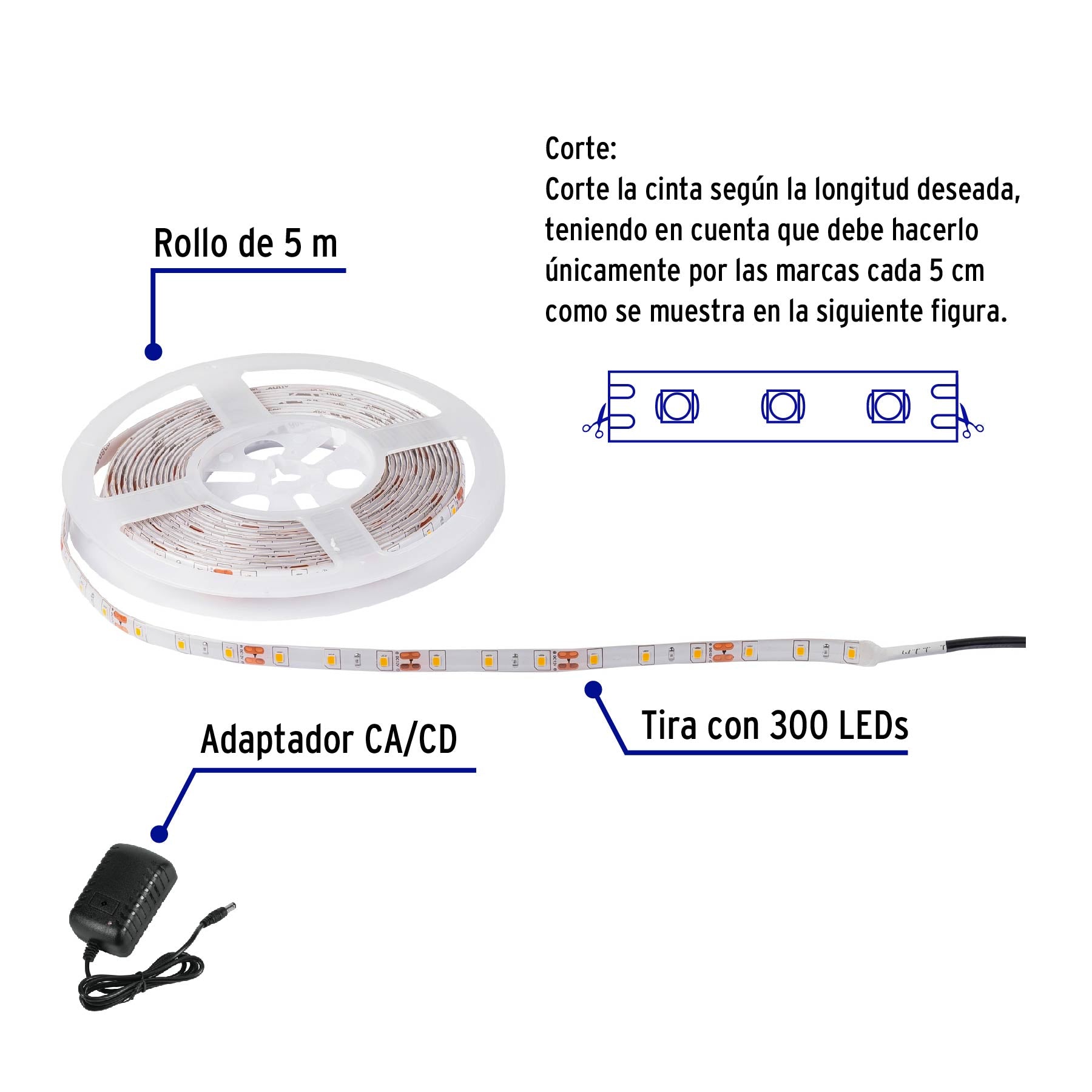 Tira de LED de 5 m 18 W para interior y exterior luz cálida | TIR-002L | 46369