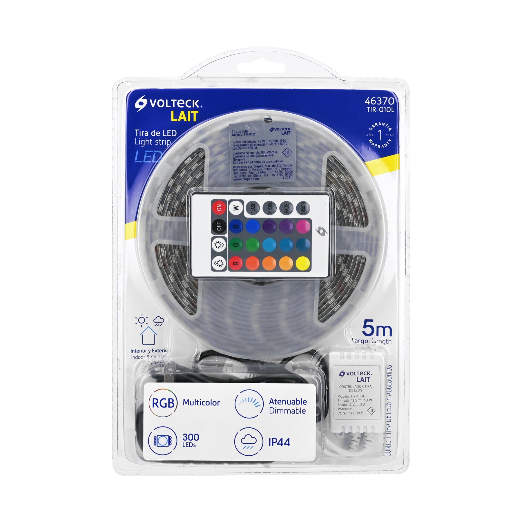 Tira LED 5 m 40 W para interior y exterior multicolor RGB | TIR-010L | 46370