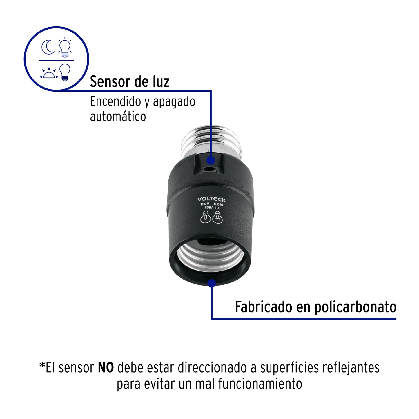 Portalámpara de PVC, con sensor de luz, Volteck | POBA-19 | 46516