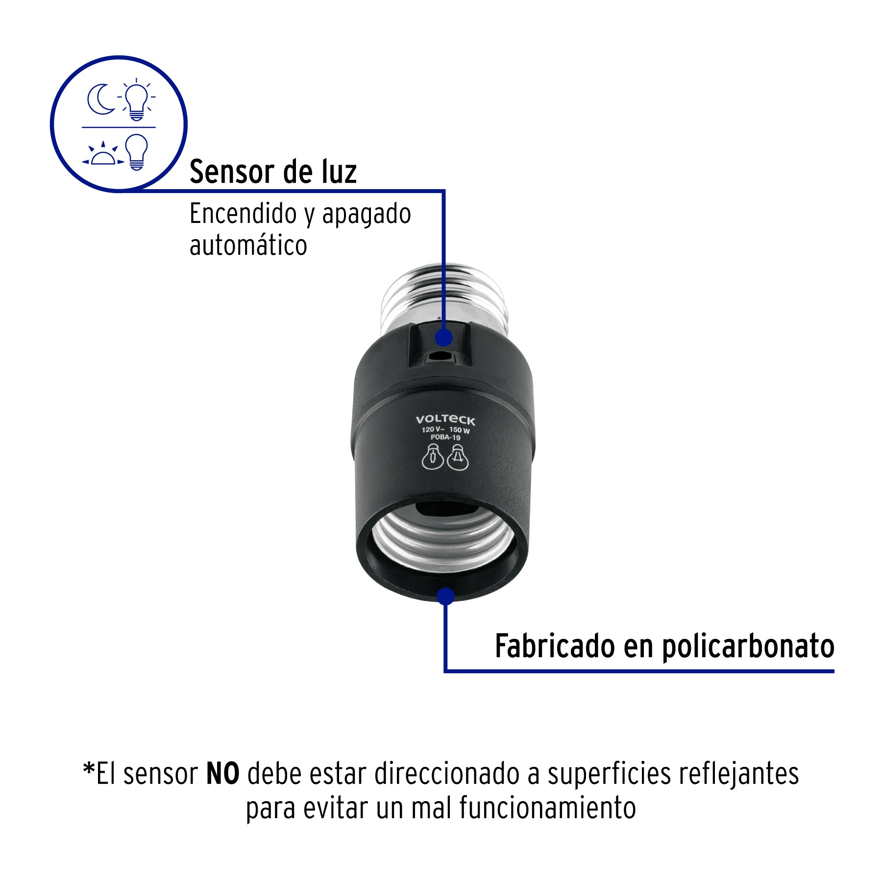 Portalámpara de PVC, con sensor de luz, Volteck | POBA-19 | 46516