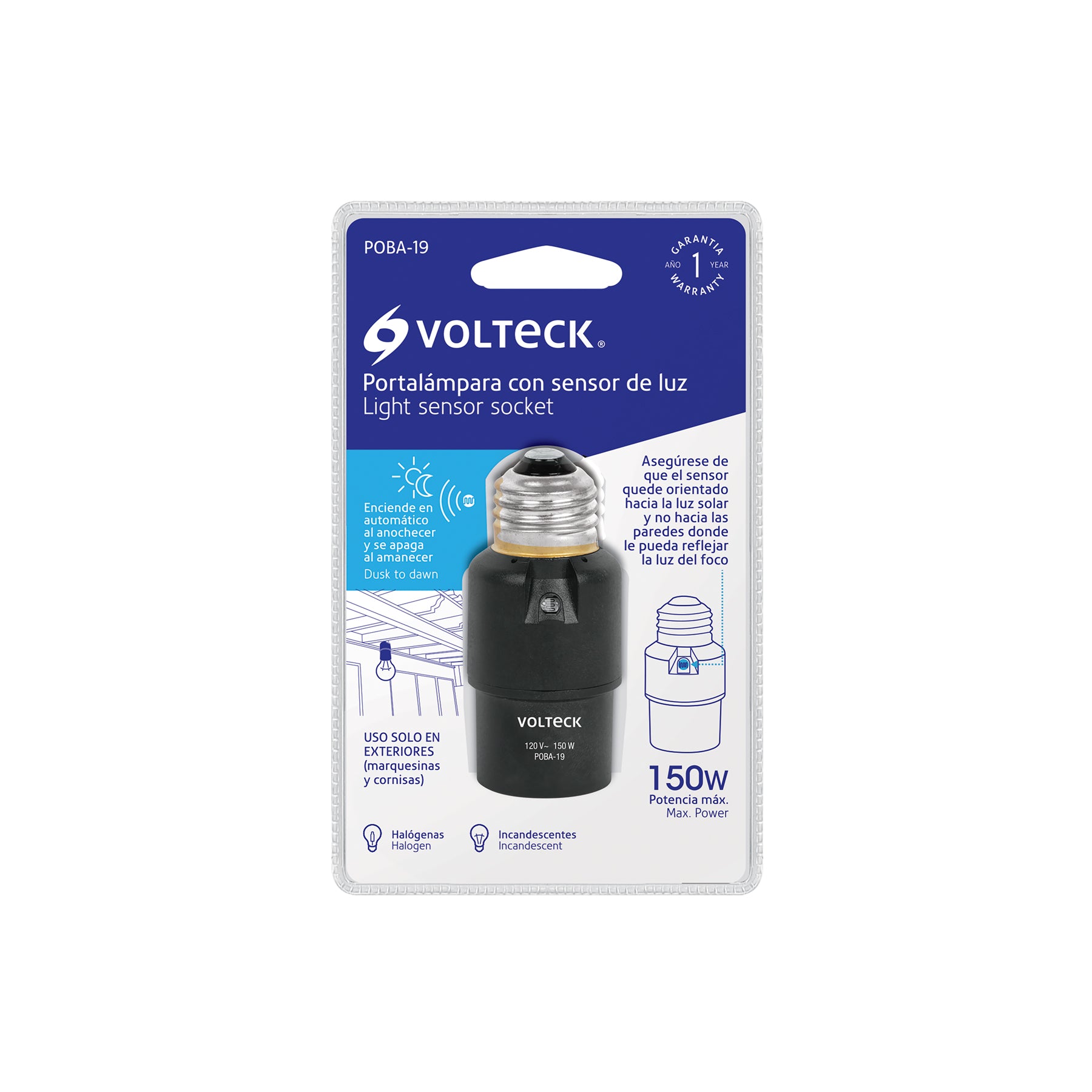Portalámpara de PVC, con sensor de luz, Volteck | POBA-19 | 46516