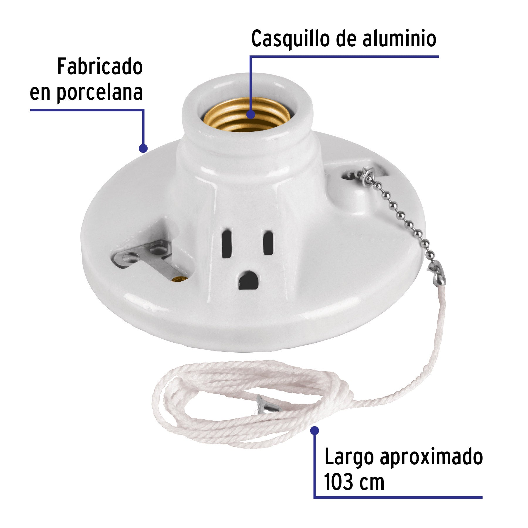 Portalámpara de porcelana, con ladrón y cadena, Volteck | POPO-20 | 46526