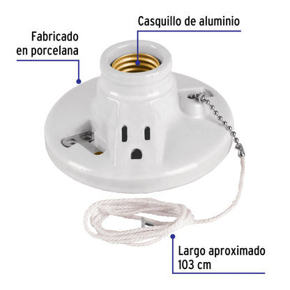 Portalámpara de porcelana, con ladrón y cadena, Volteck | POPO-20 | 46526