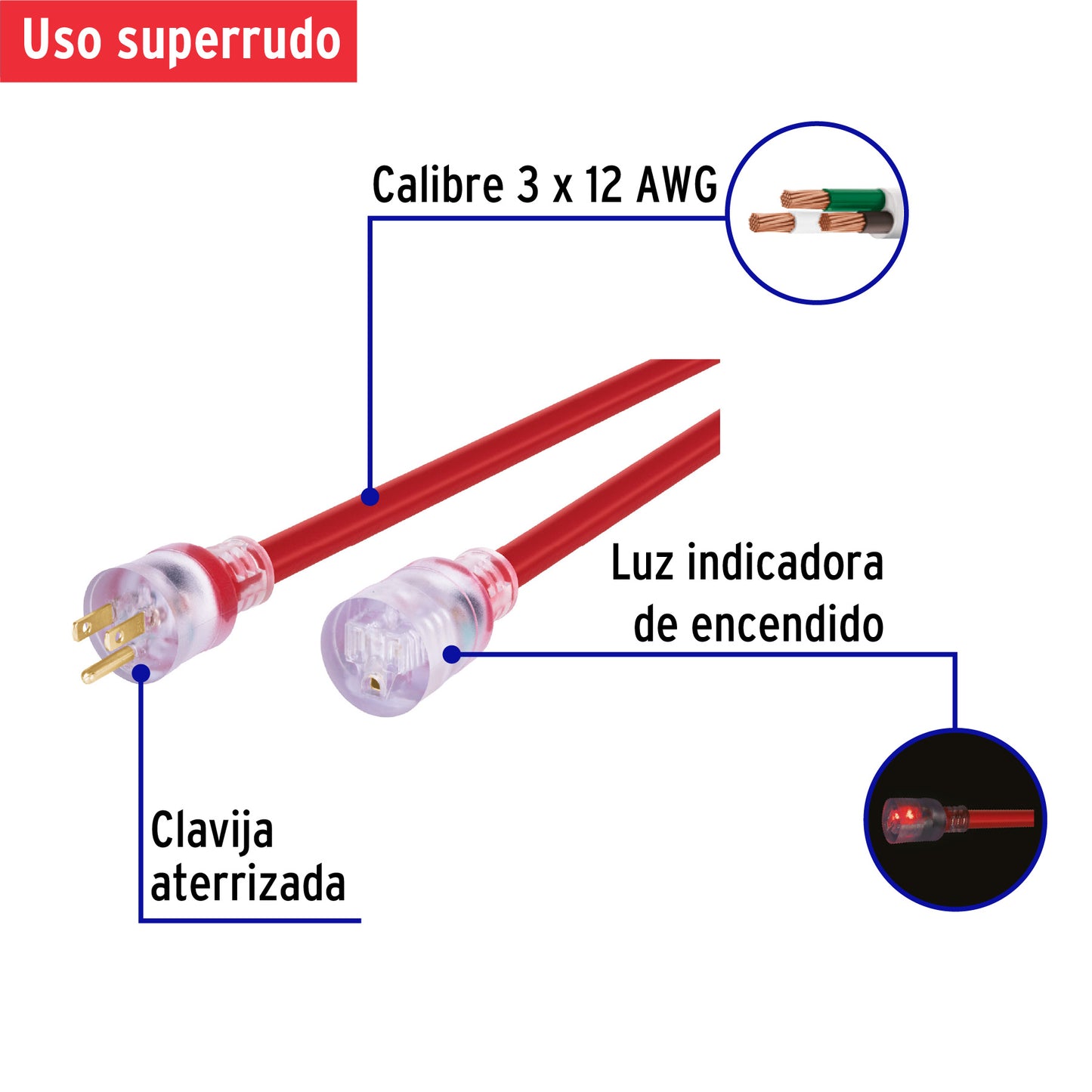 Extensión reforzada aterrizada 10 m 3x12 AWG, Volteck | ERA-10X12 | 46554