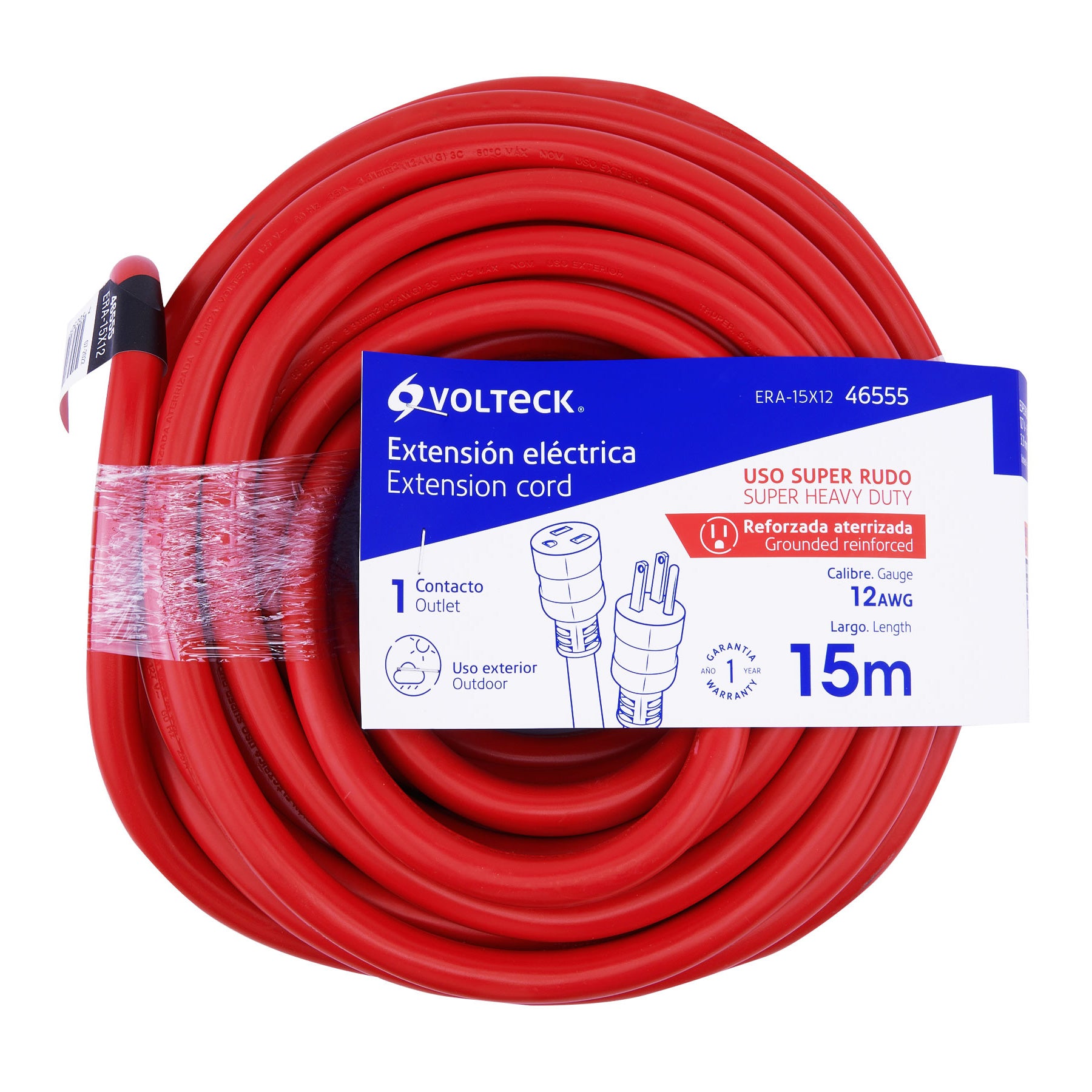 Extensión reforzada aterrizada 15 m 3x12 AWG, Volteck | ERA-15X12 | 46555