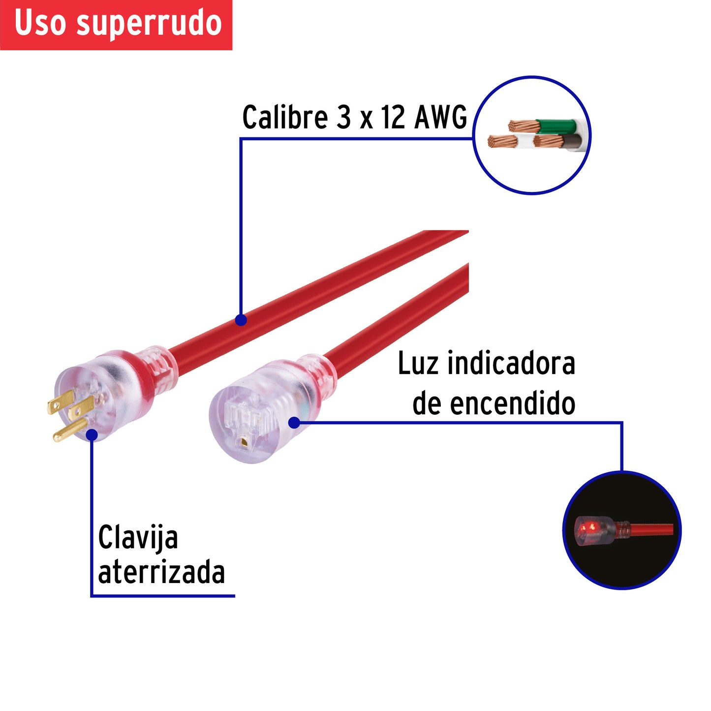 Extensión reforzada aterrizada 20 m 3x12 AWG, Volteck | ERA-20X12 | 46556