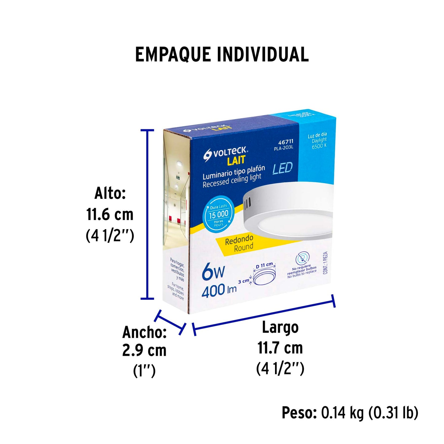 Luminario LED plafón 6W 6500K, redondo, blanco, VOLTECK | PLA-203L | 46711